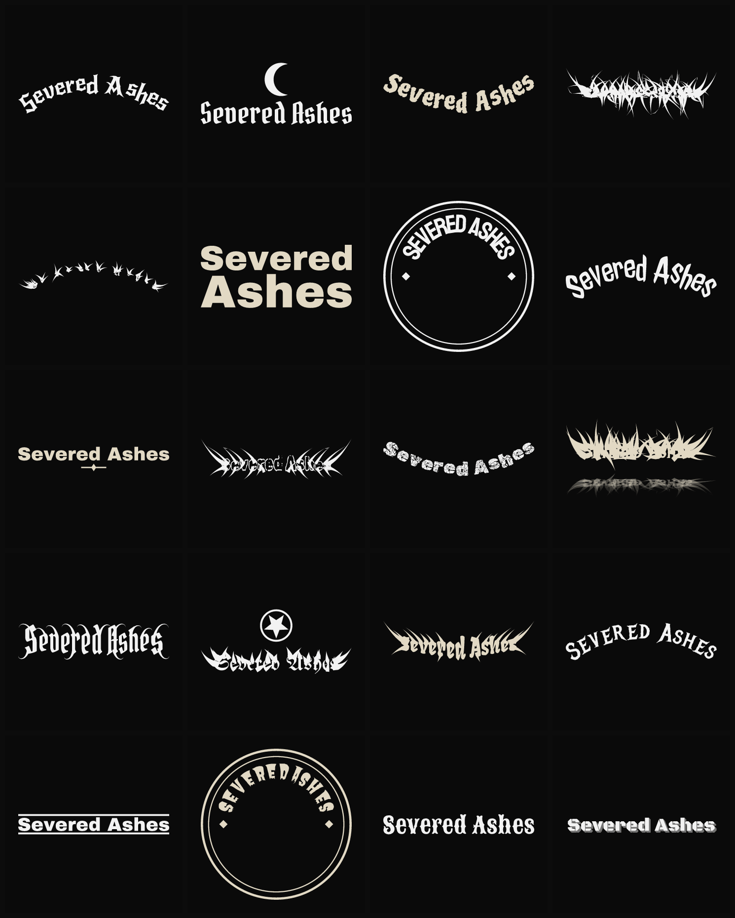 Twenty Severed Ashes band logo ideas — different faces, treatments and spike settings