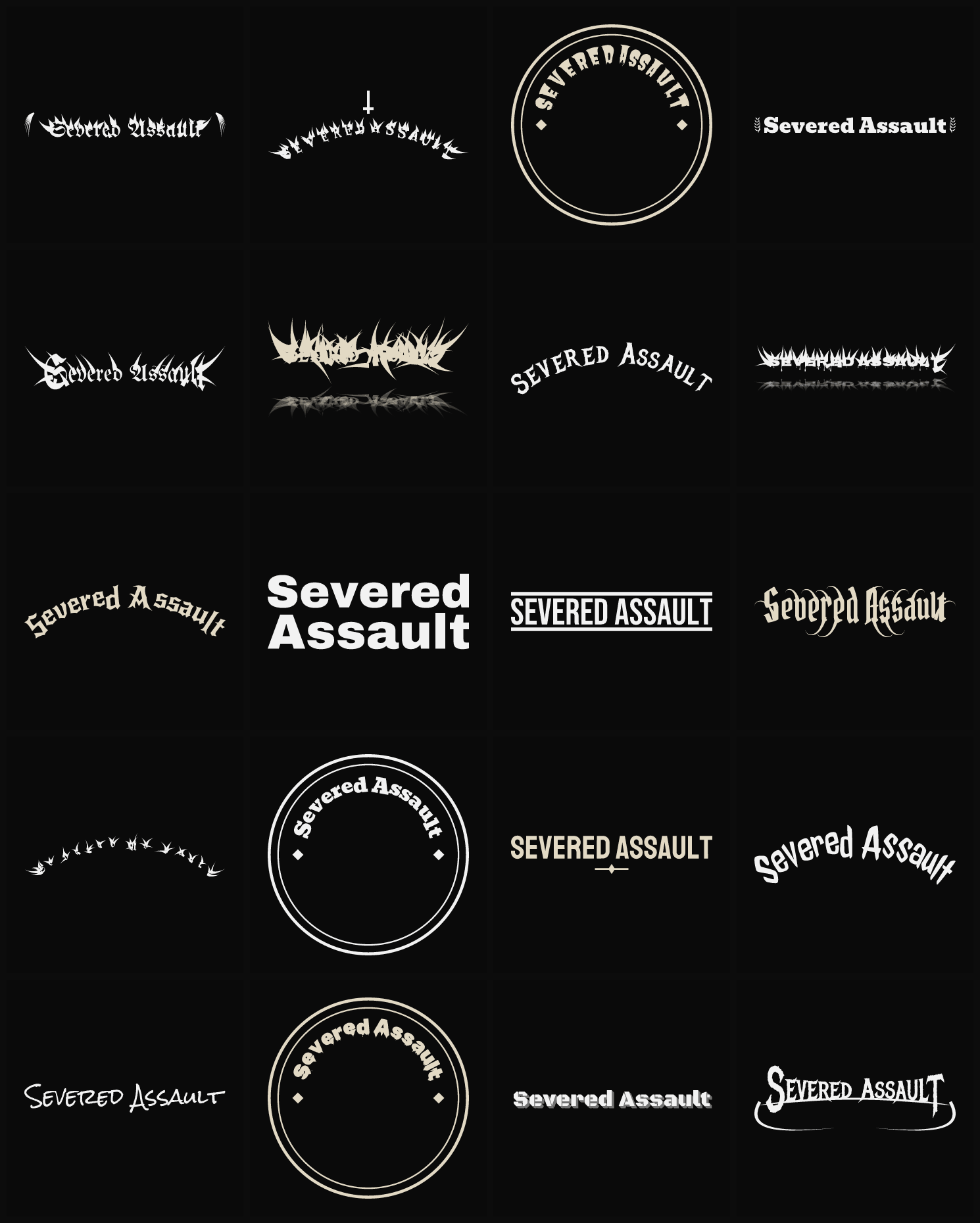 Twenty Severed Assault band logo ideas — different faces, treatments and spike settings