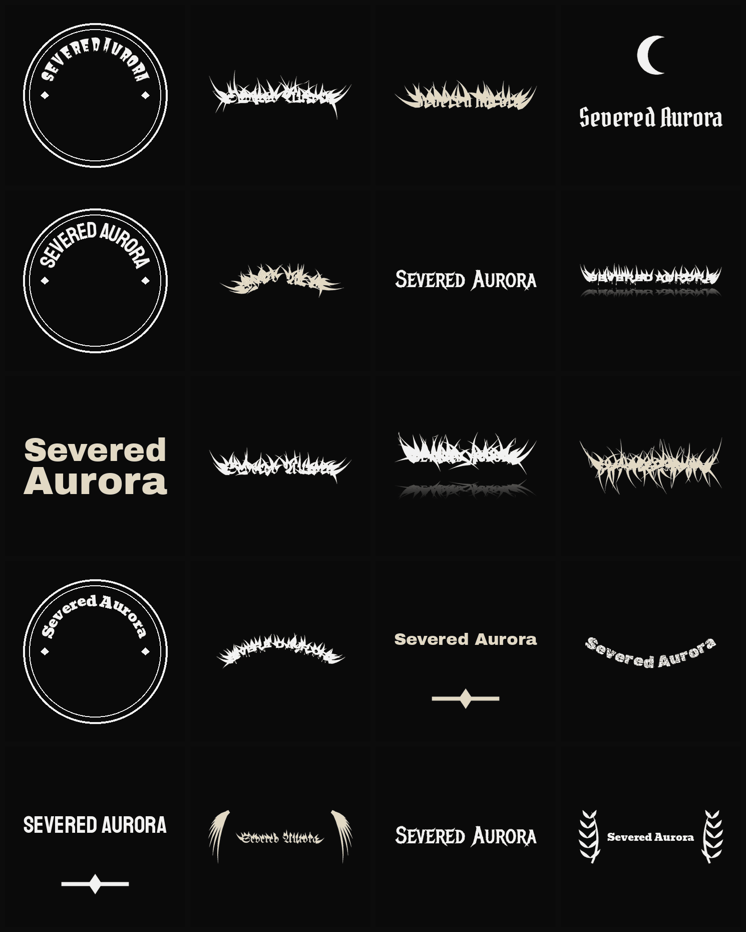 Twenty Severed Aurora band logo ideas — different faces, treatments and spike settings