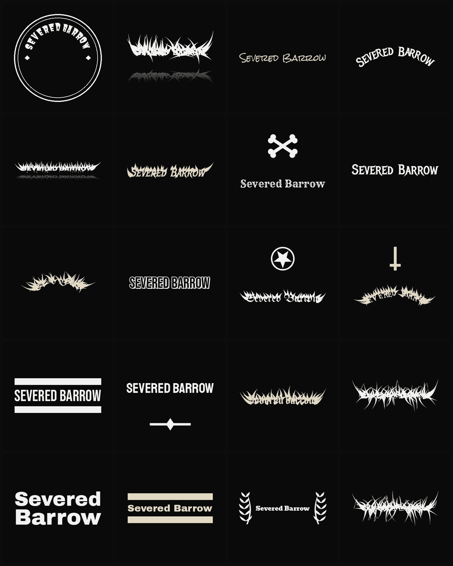 Twenty Severed Barrow band logo ideas — different faces, treatments and spike settings
