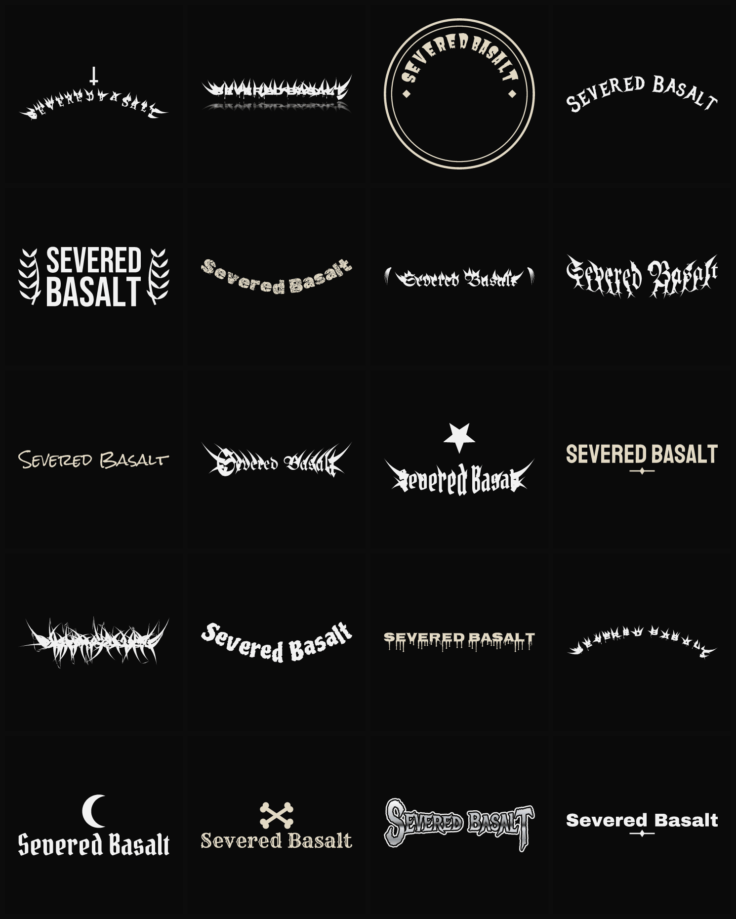 Twenty Severed Basalt band logo ideas — different faces, treatments and spike settings