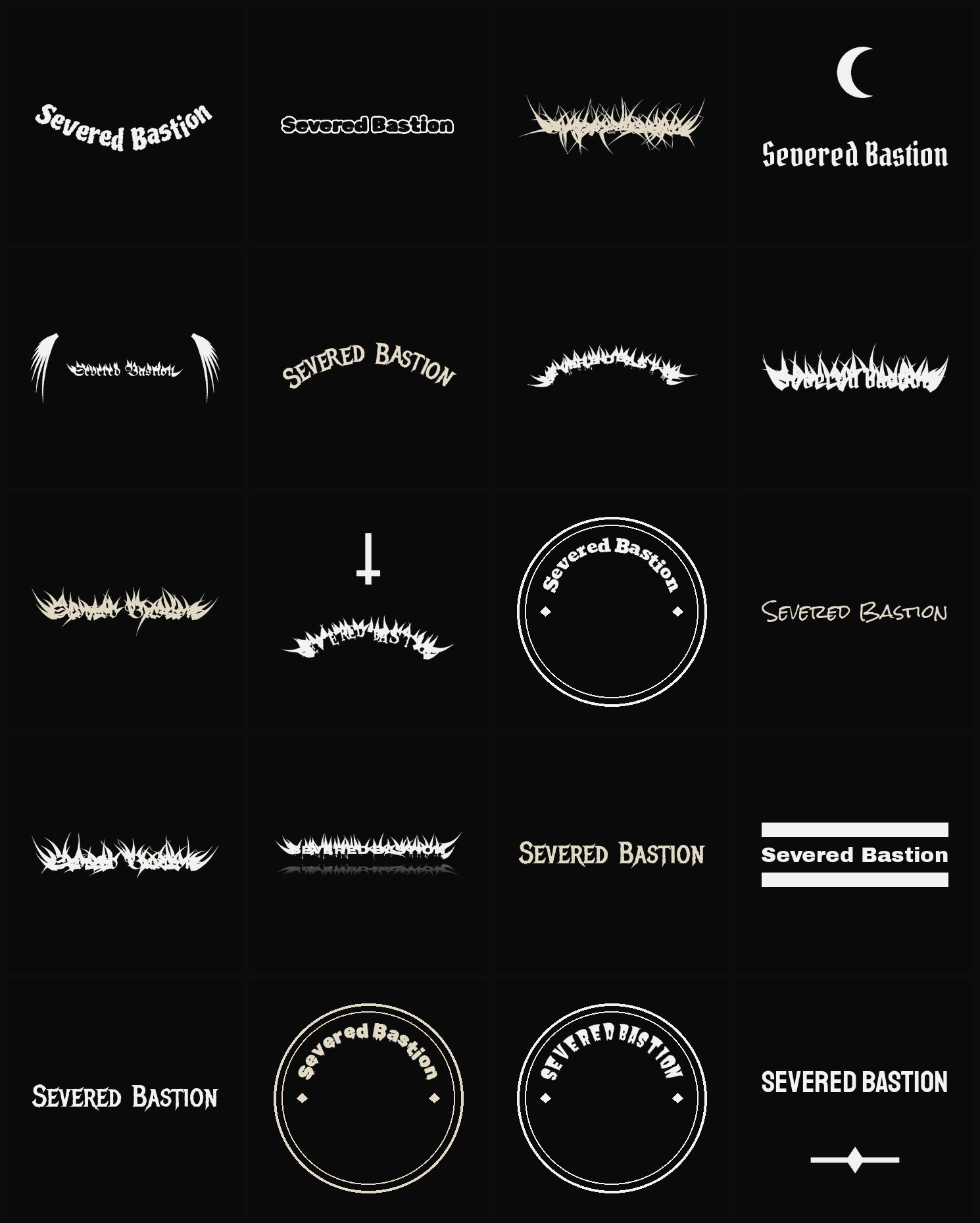 Twenty Severed Bastion band logo ideas — different faces, treatments and spike settings