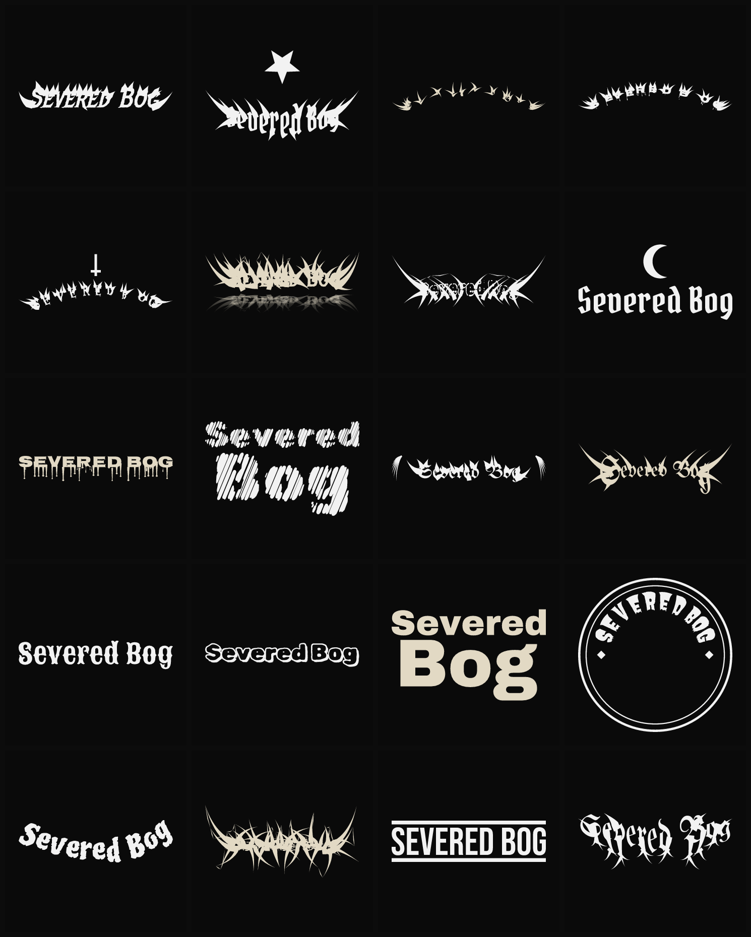 Twenty Severed Bog band logo ideas — different faces, treatments and spike settings