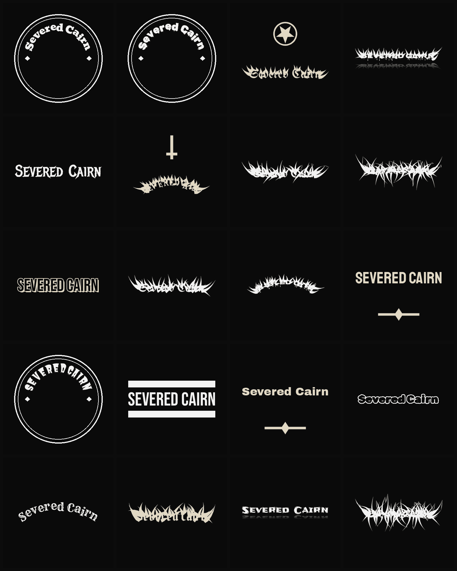 Twenty Severed Cairn band logo ideas — different faces, treatments and spike settings