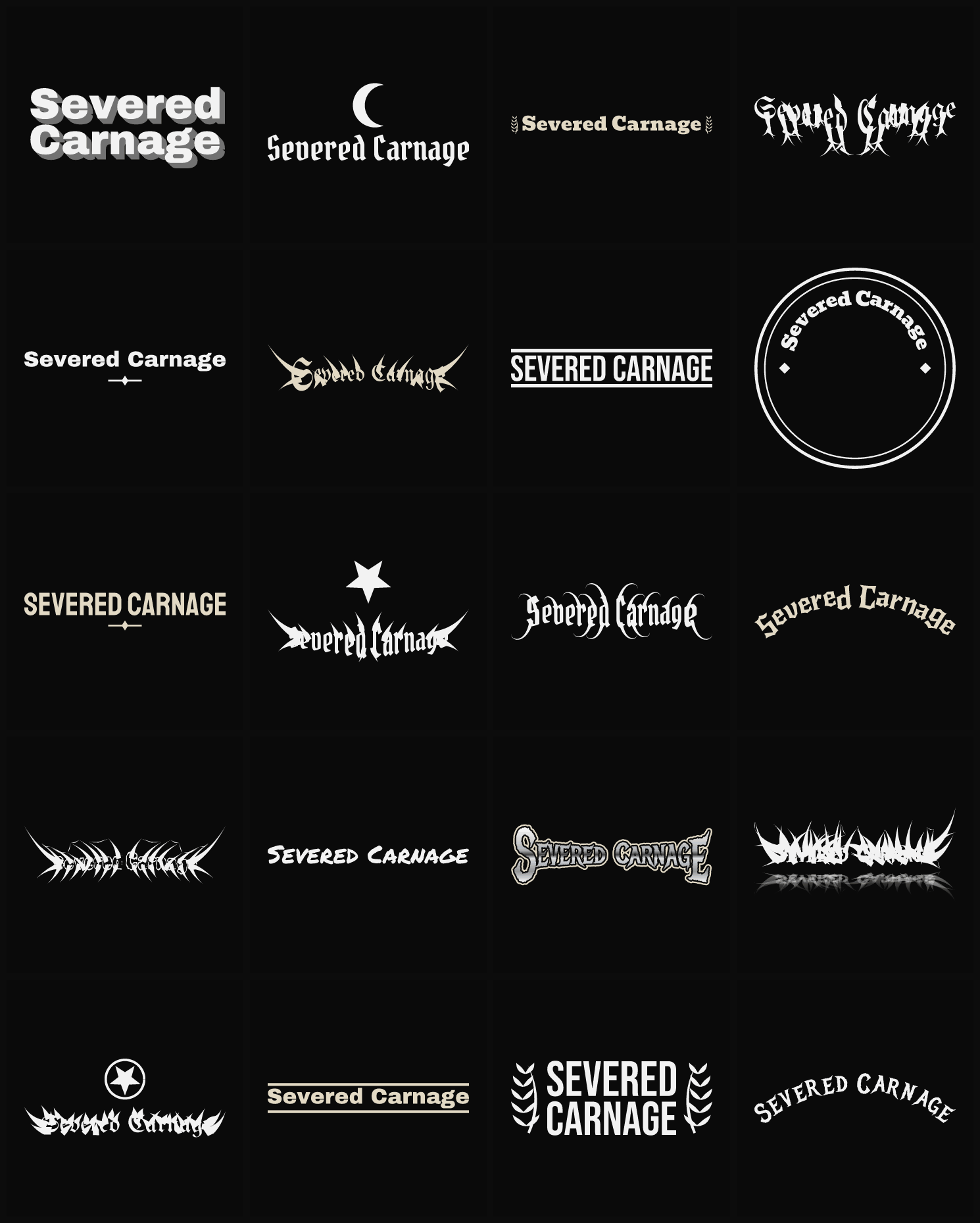Twenty Severed Carnage band logo ideas — different faces, treatments and spike settings
