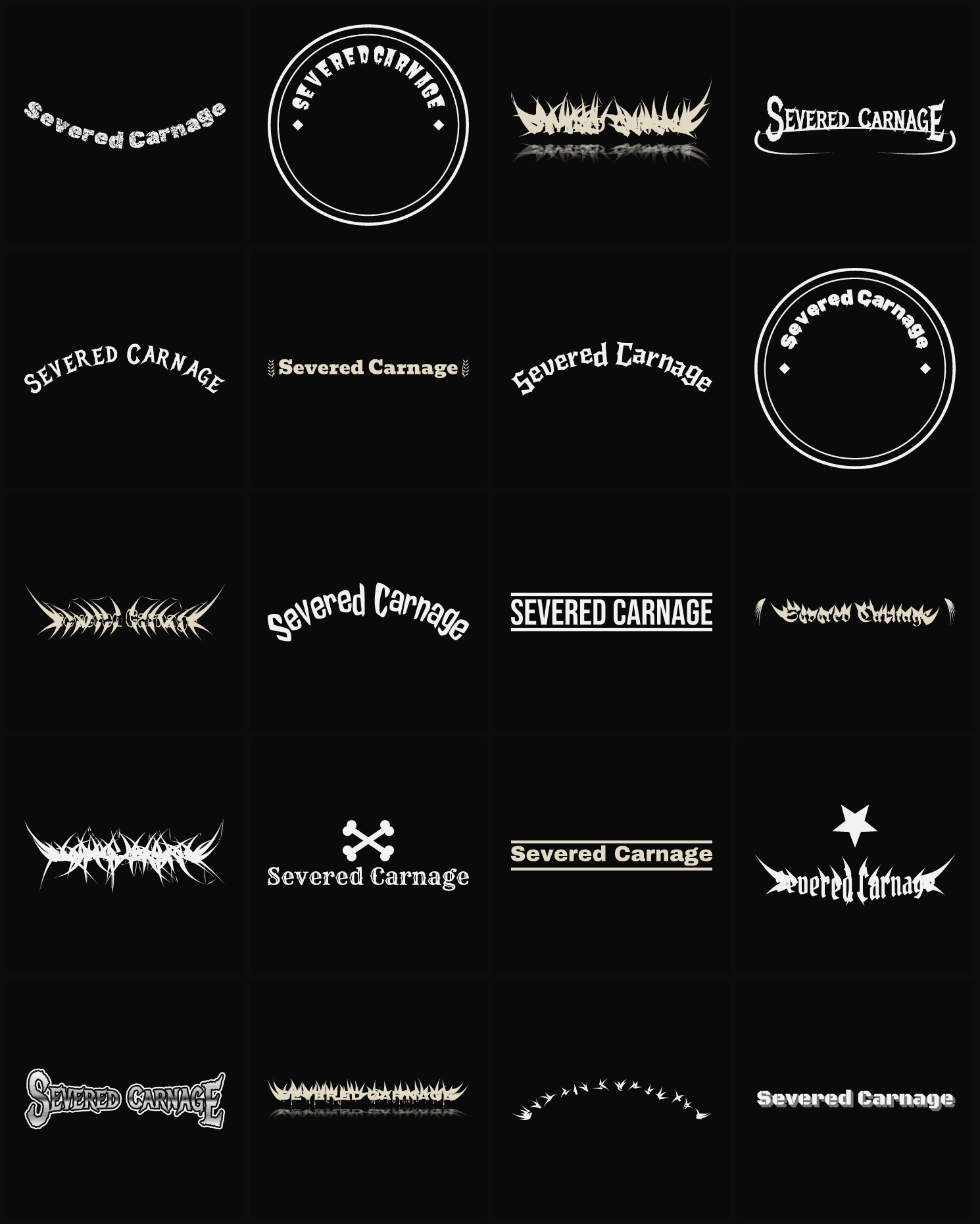 Twenty Severed Carnage band logo ideas — different faces, treatments and spike settings