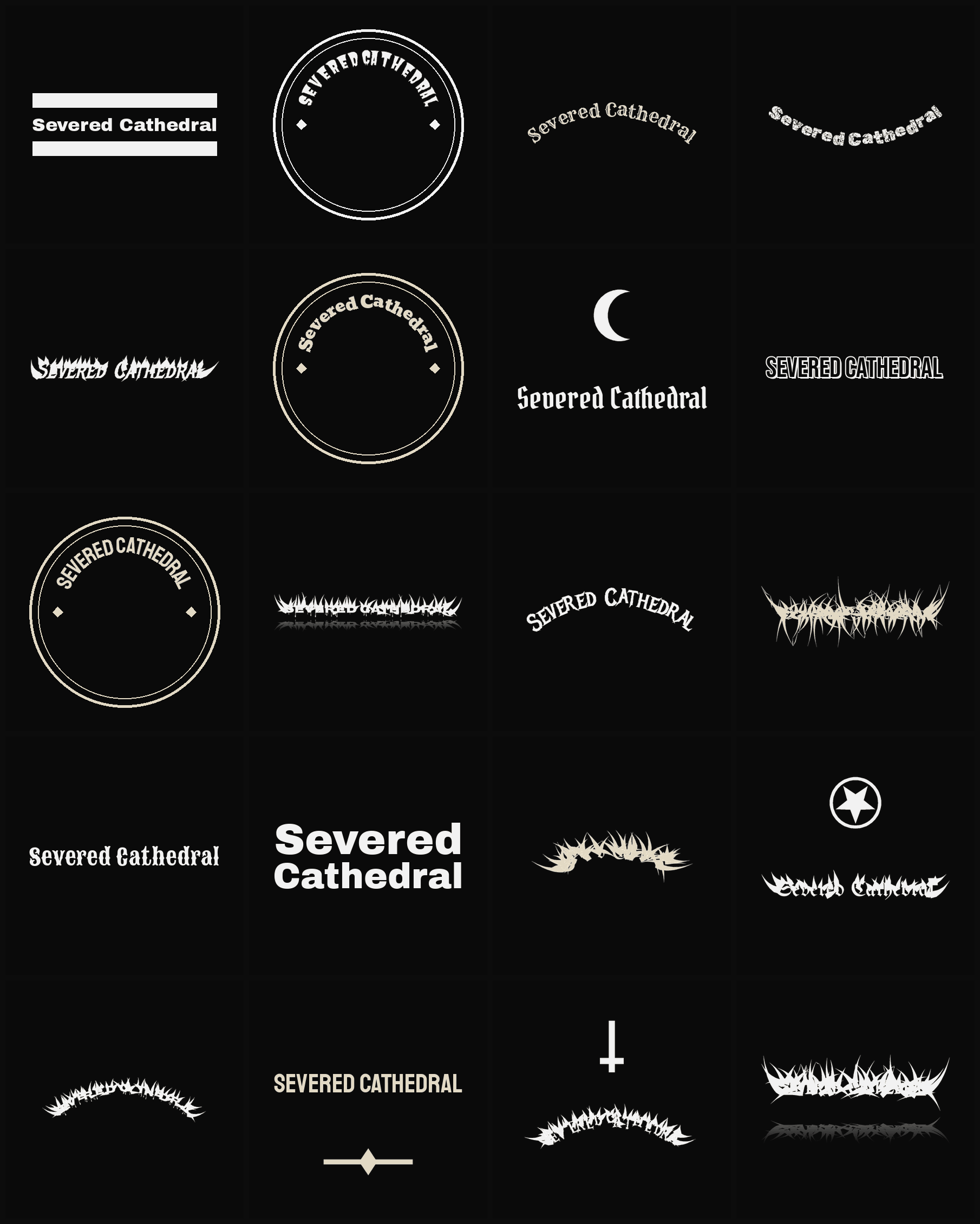 Twenty Severed Cathedral band logo ideas — different faces, treatments and spike settings