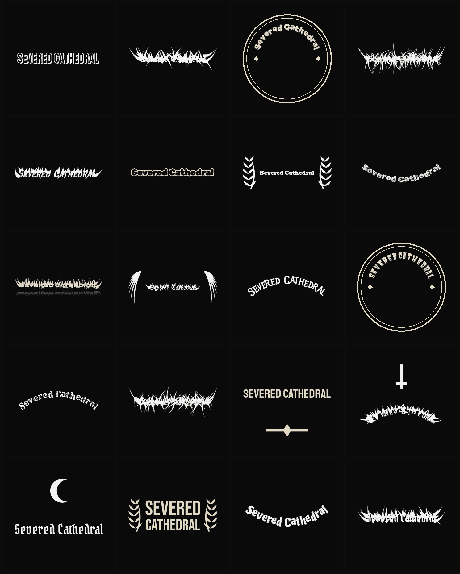 Twenty Severed Cathedral band logo ideas — different faces, treatments and spike settings
