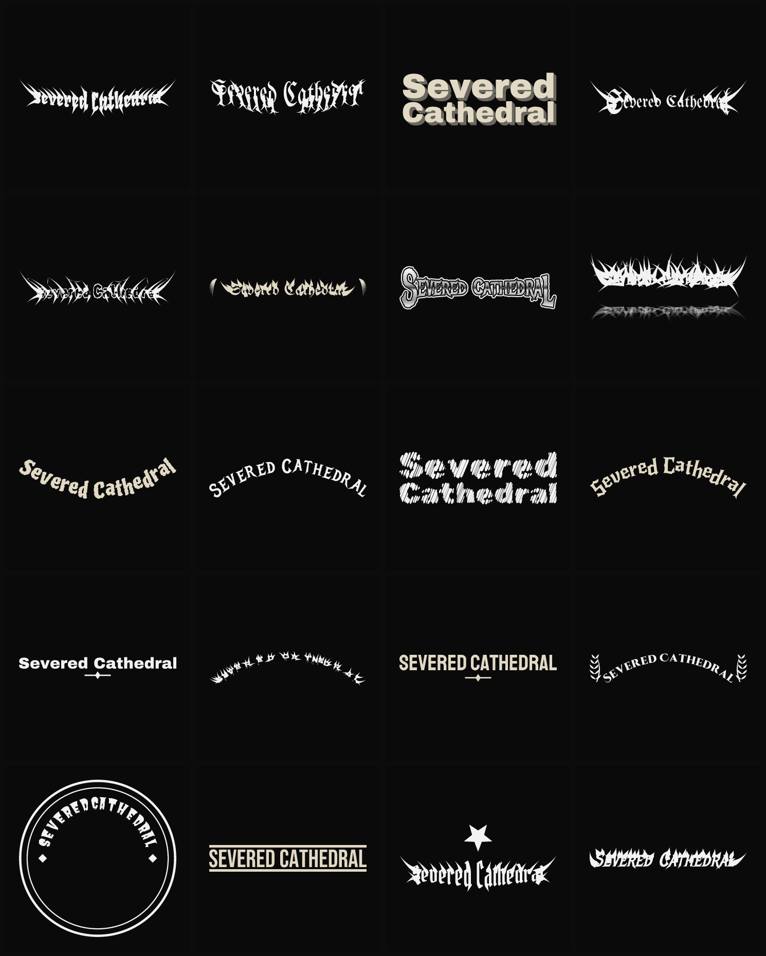 Twenty Severed Cathedral band logo ideas — different faces, treatments and spike settings
