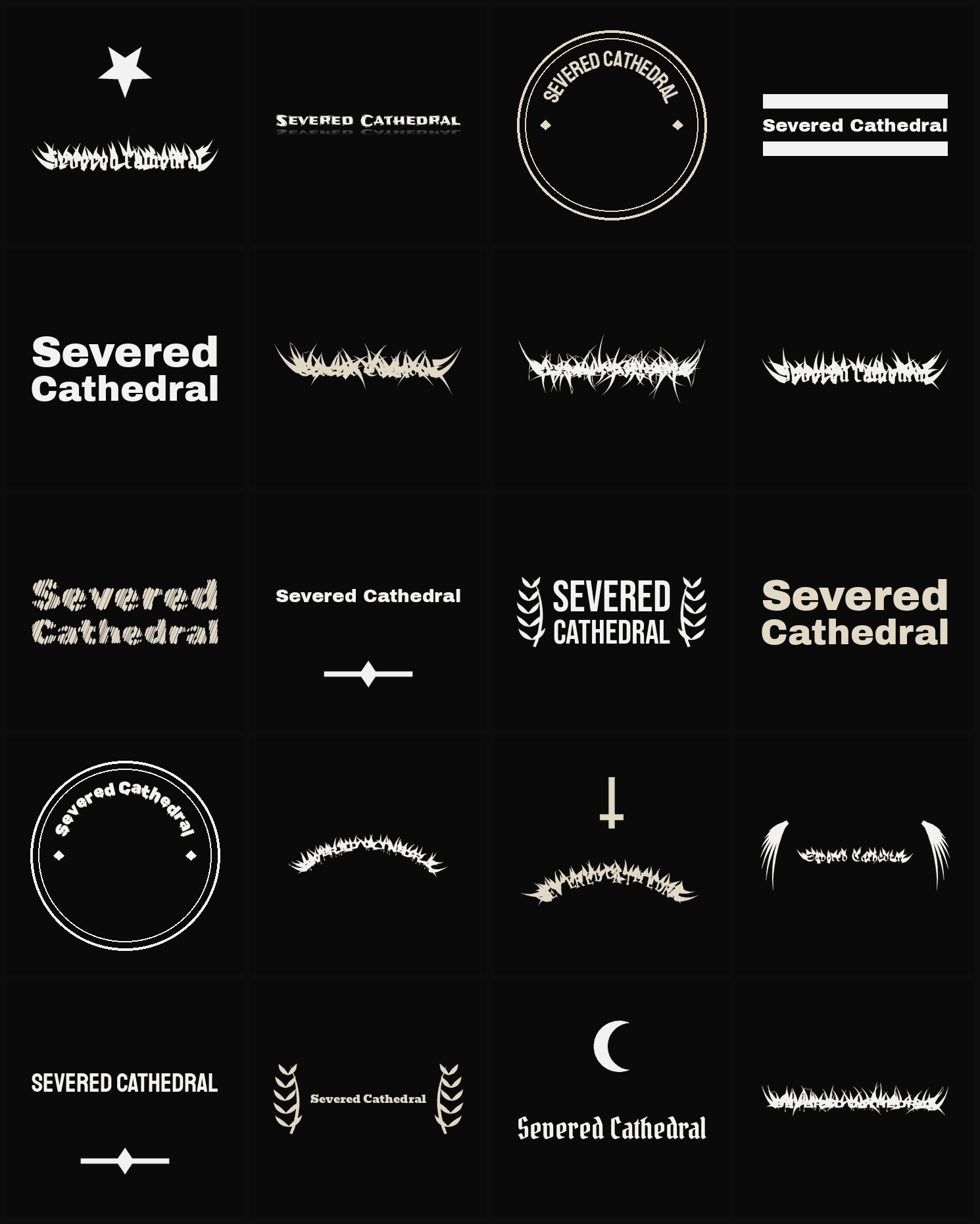 Twenty Severed Cathedral band logo ideas — different faces, treatments and spike settings