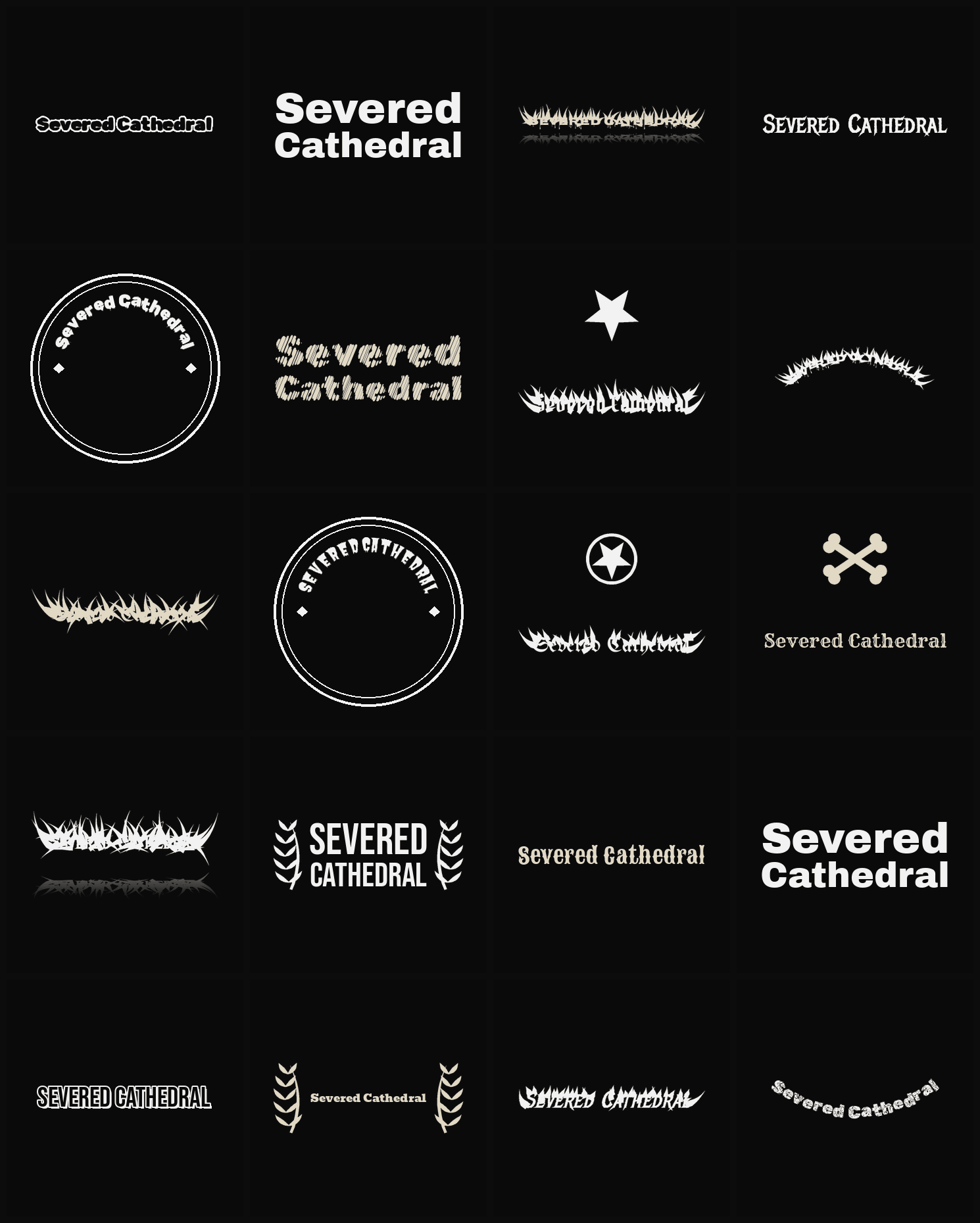 Twenty Severed Cathedral band logo ideas — different faces, treatments and spike settings