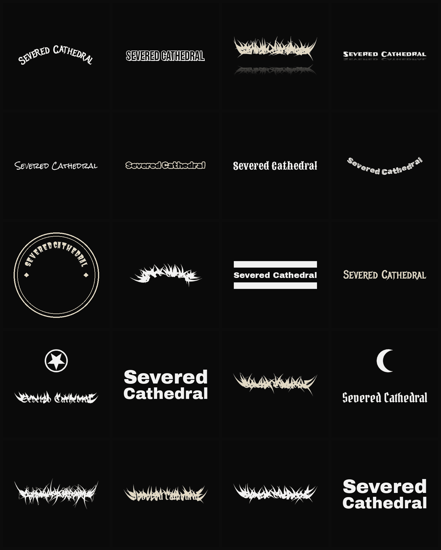 Twenty Severed Cathedral band logo ideas — different faces, treatments and spike settings