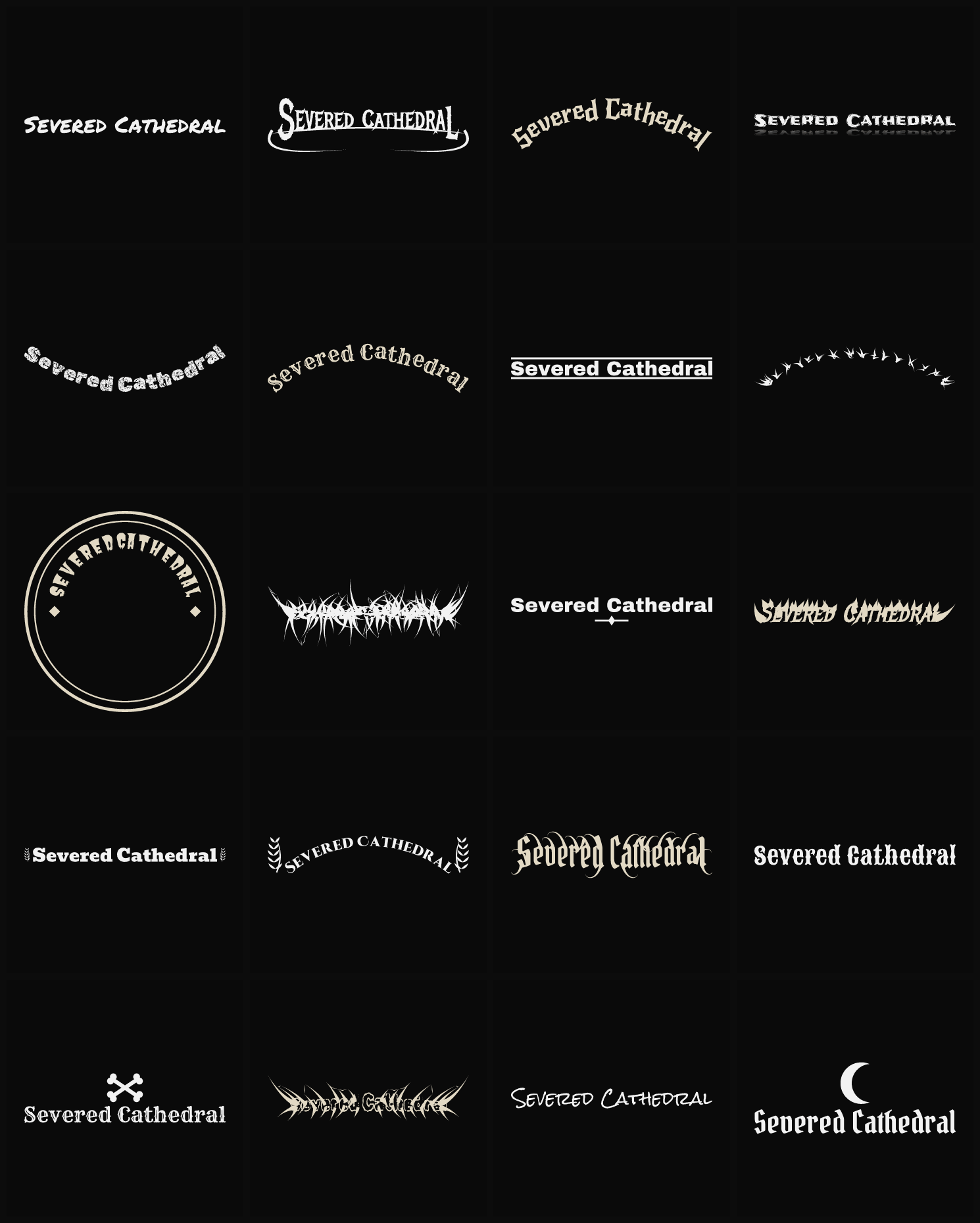 Twenty Severed Cathedral band logo ideas — different faces, treatments and spike settings