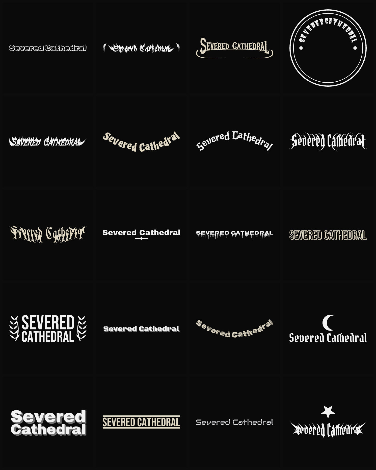 Twenty Severed Cathedral band logo ideas — different faces, treatments and spike settings
