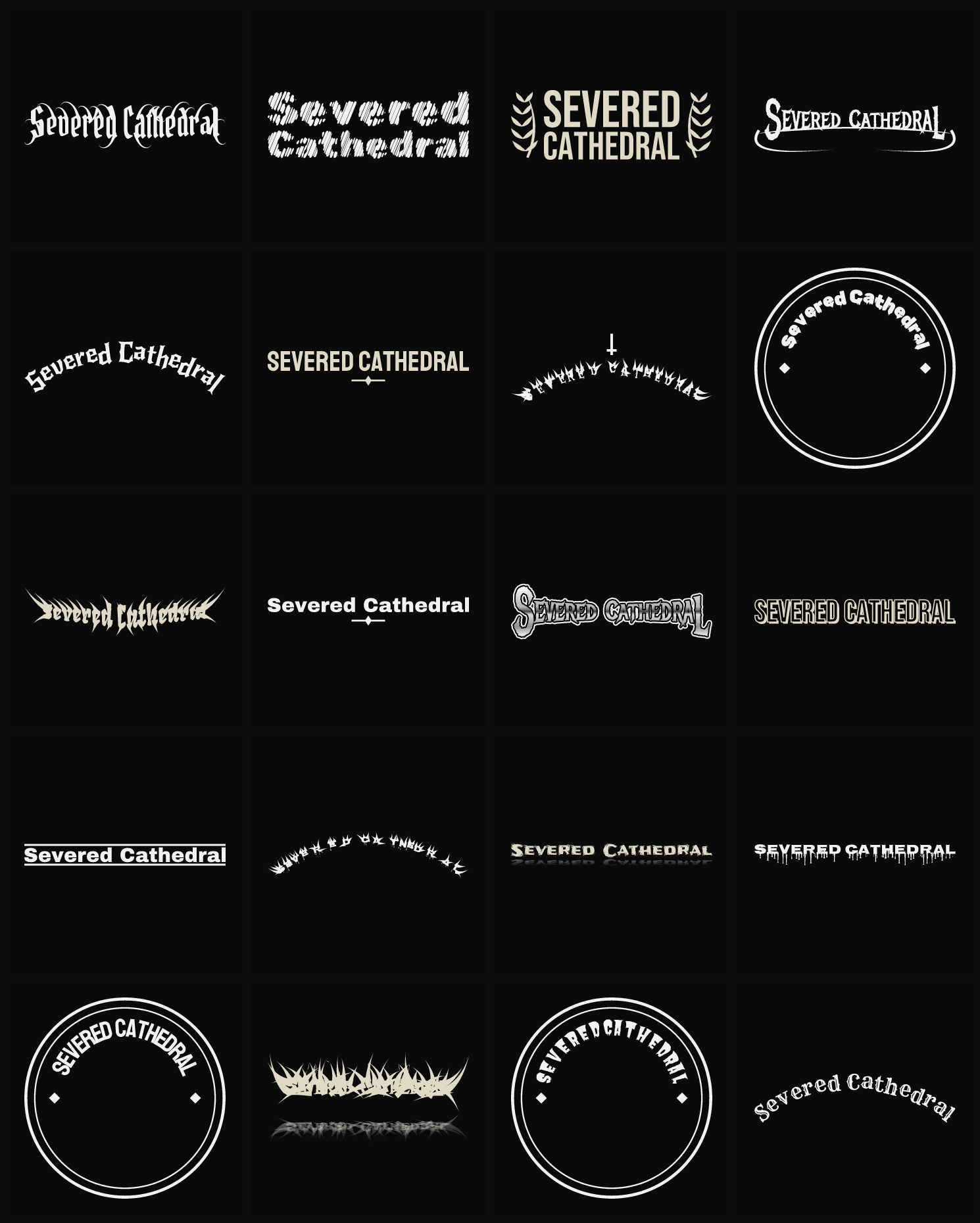 Twenty Severed Cathedral band logo ideas — different faces, treatments and spike settings