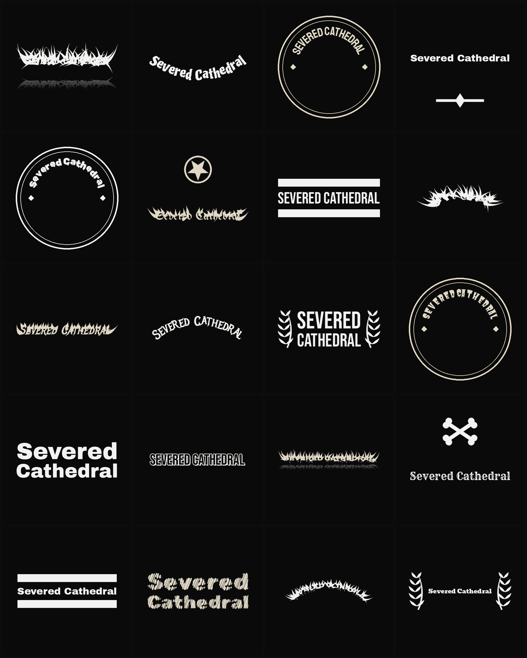 Twenty Severed Cathedral band logo ideas — different faces, treatments and spike settings