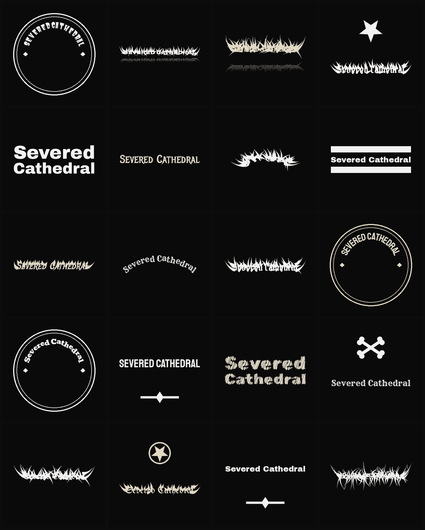 Twenty Severed Cathedral band logo ideas — different faces, treatments and spike settings