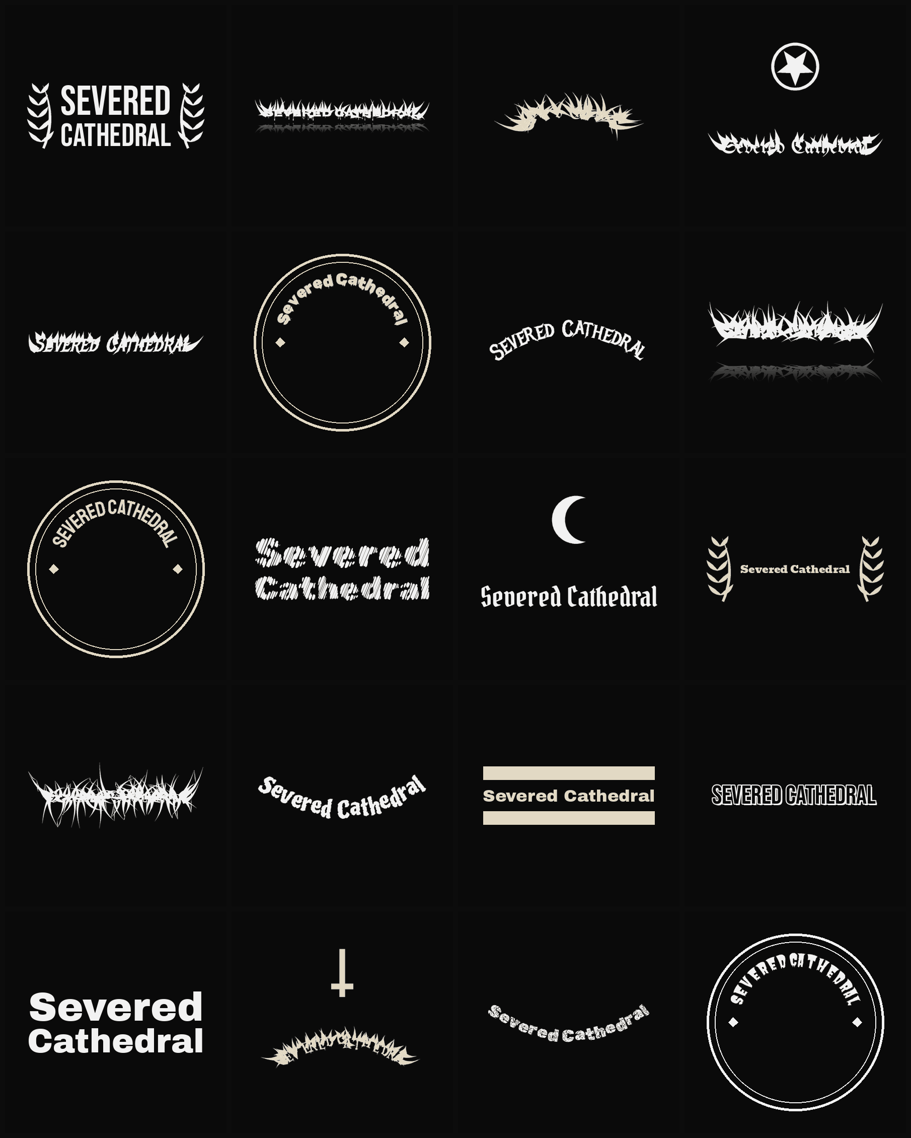 Twenty Severed Cathedral band logo ideas — different faces, treatments and spike settings