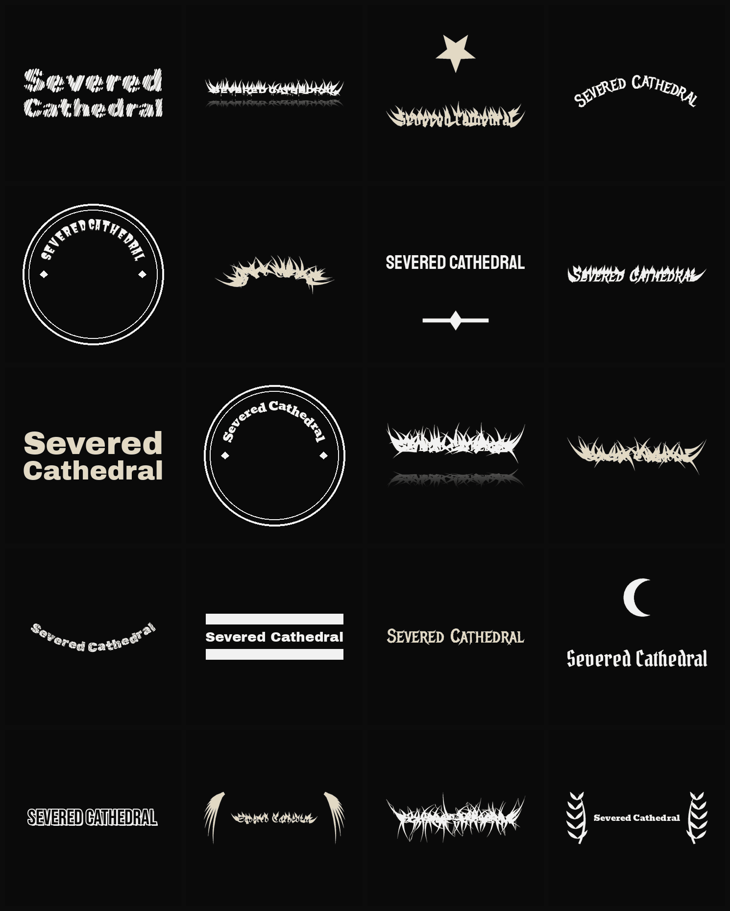 Twenty Severed Cathedral band logo ideas — different faces, treatments and spike settings