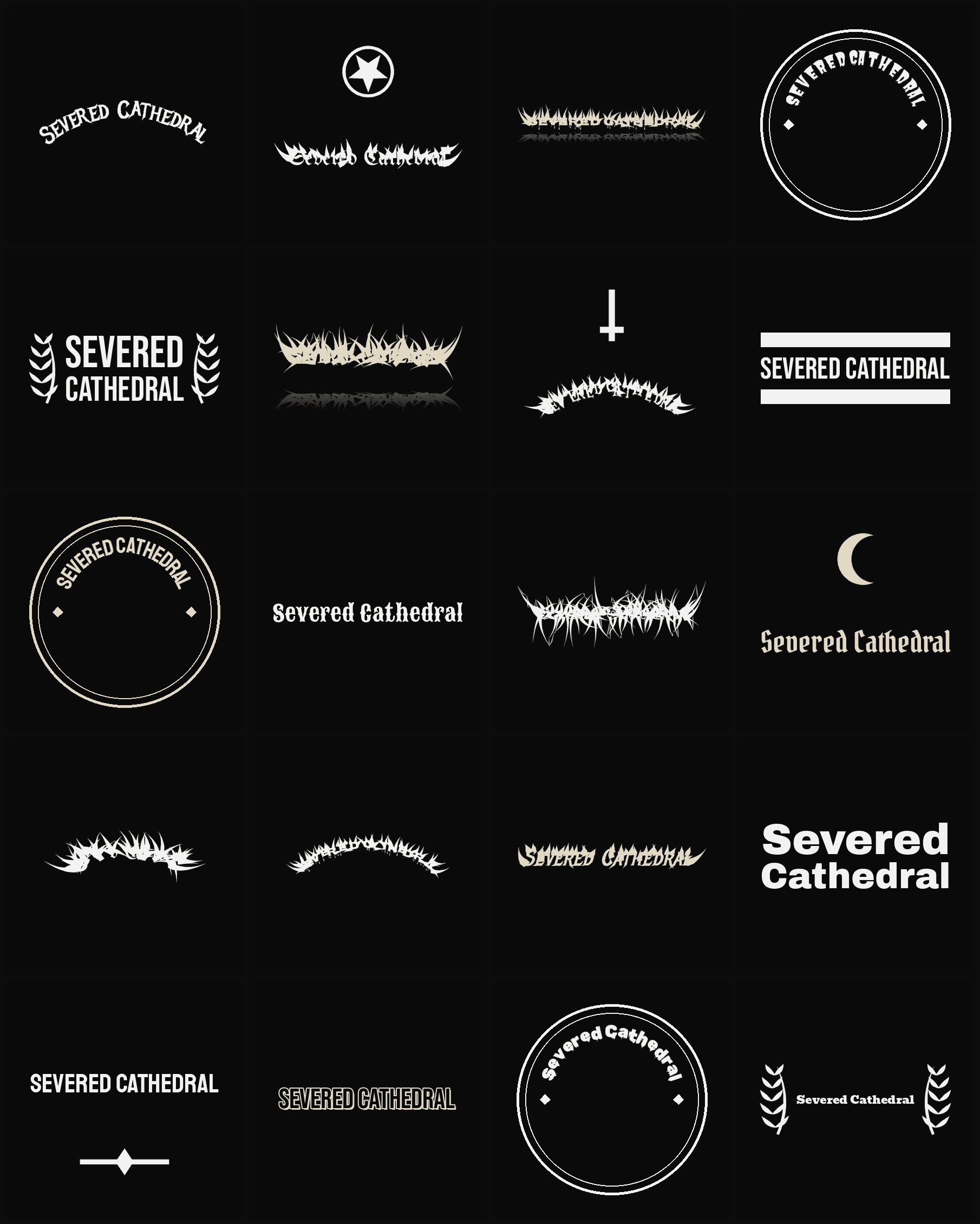 Twenty Severed Cathedral band logo ideas — different faces, treatments and spike settings