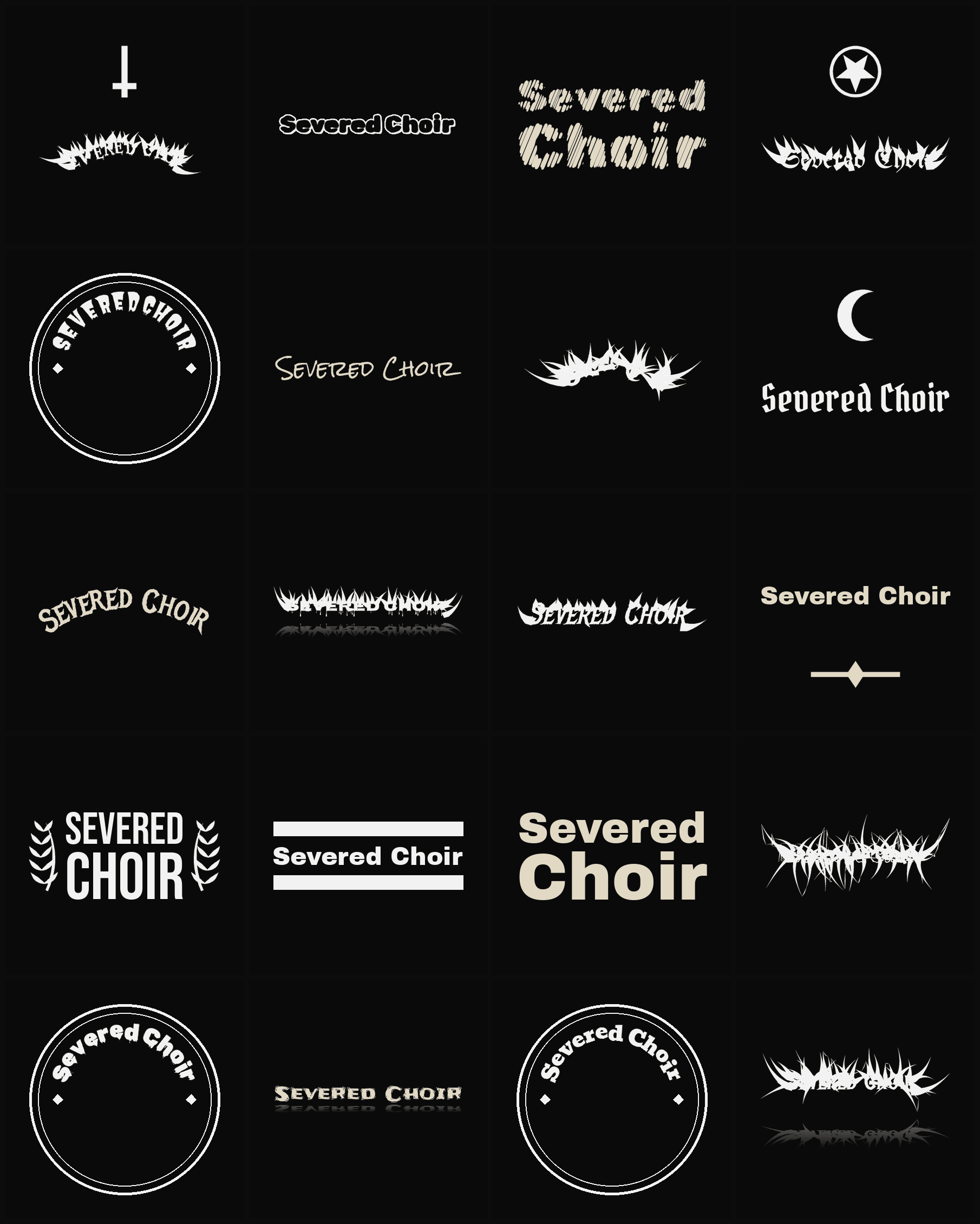 Twenty Severed Choir band logo ideas — different faces, treatments and spike settings