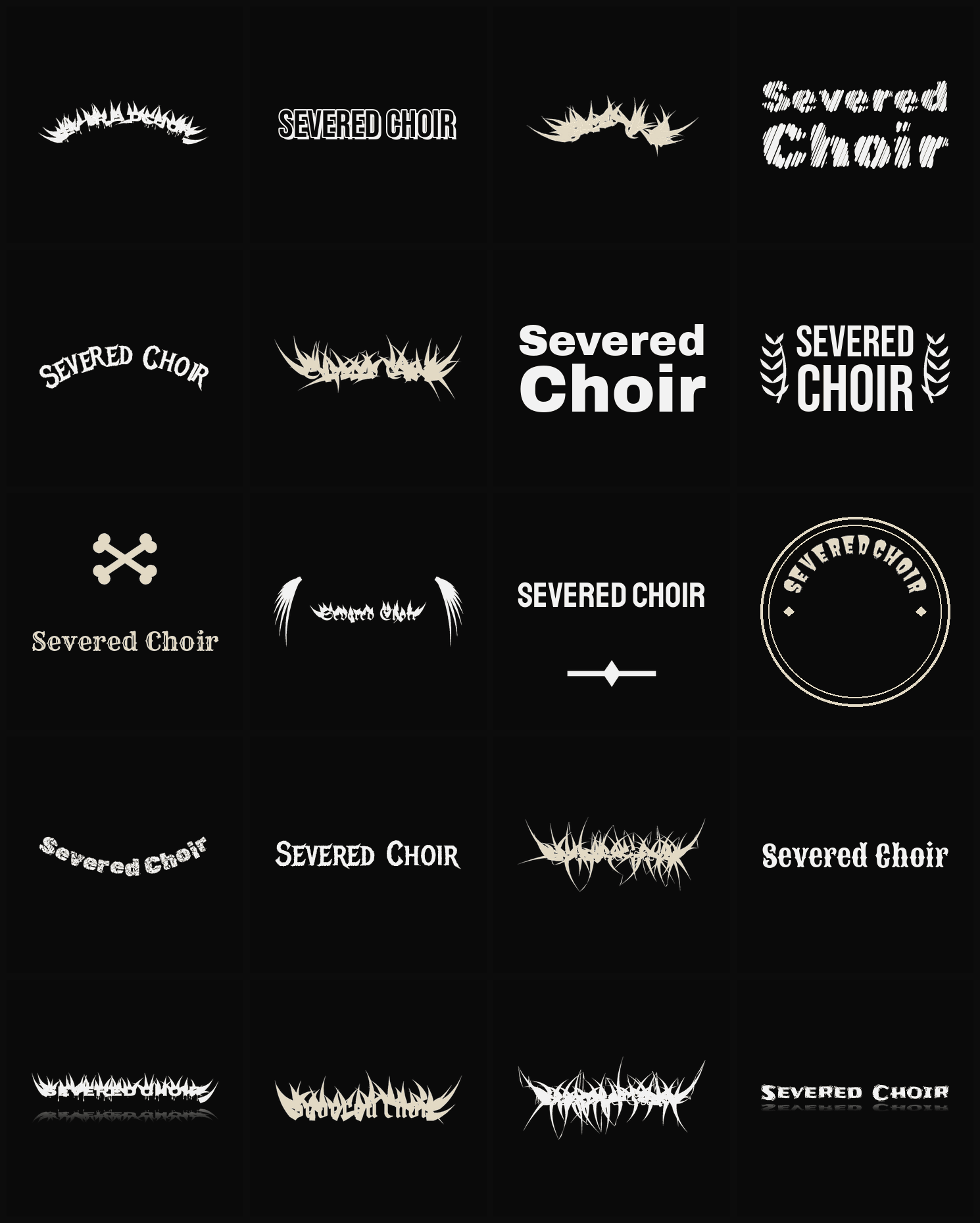 Twenty Severed Choir band logo ideas — different faces, treatments and spike settings