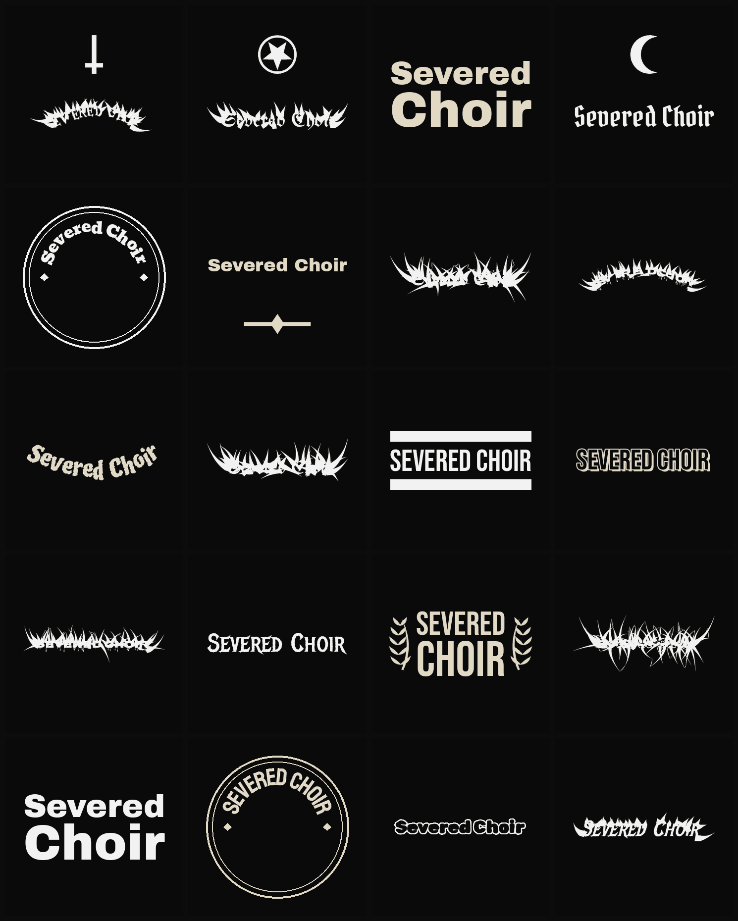 Twenty Severed Choir band logo ideas — different faces, treatments and spike settings