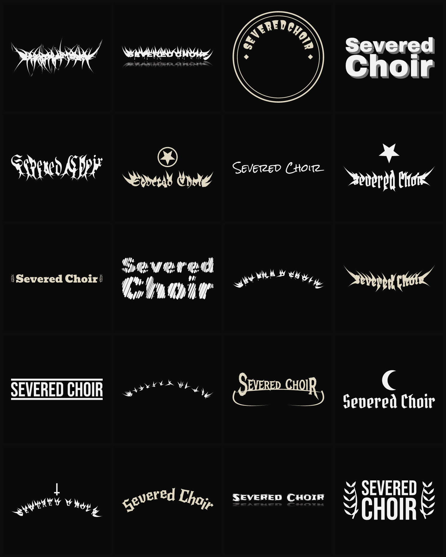 Twenty Severed Choir band logo ideas — different faces, treatments and spike settings