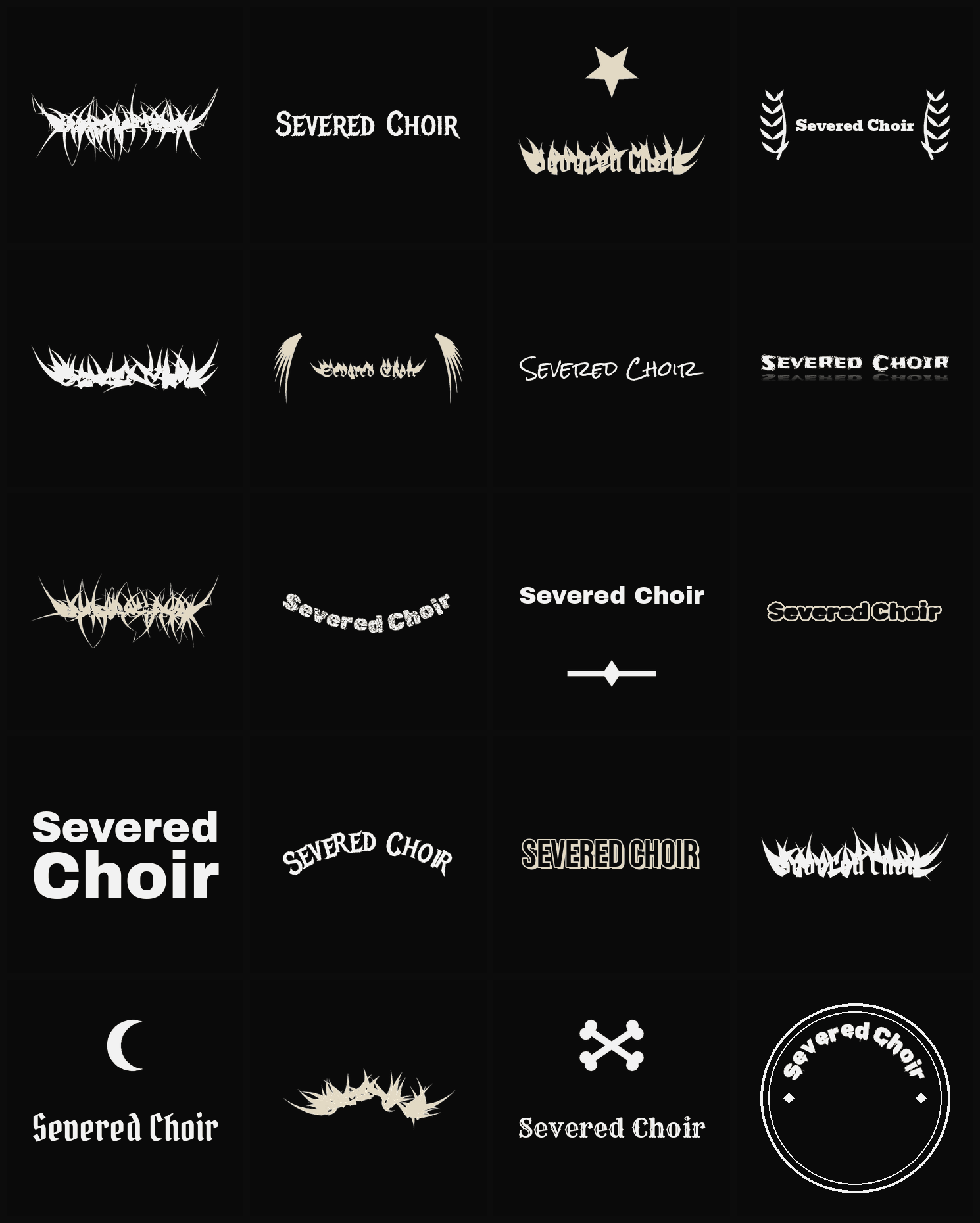 Twenty Severed Choir band logo ideas — different faces, treatments and spike settings