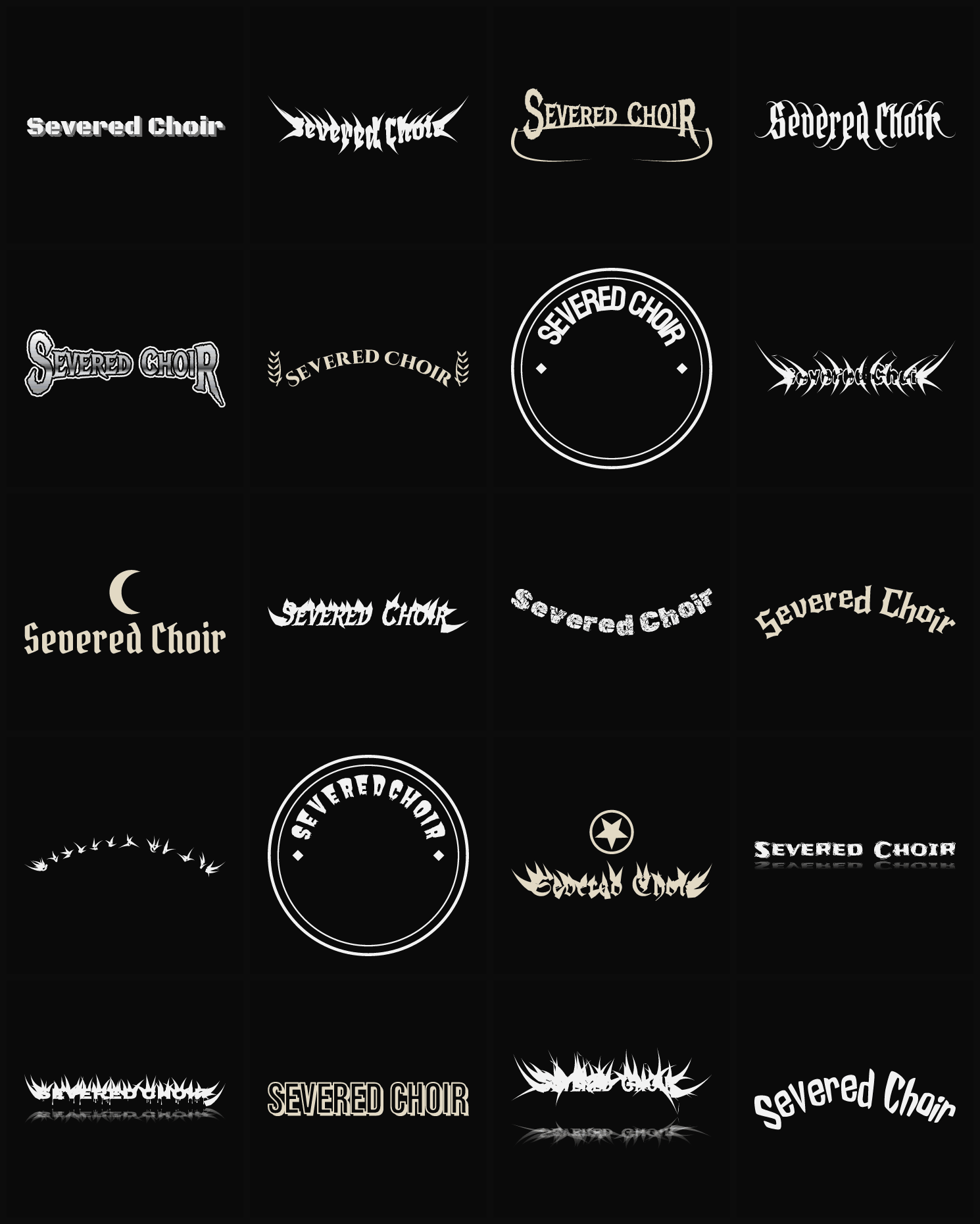 Twenty Severed Choir band logo ideas — different faces, treatments and spike settings