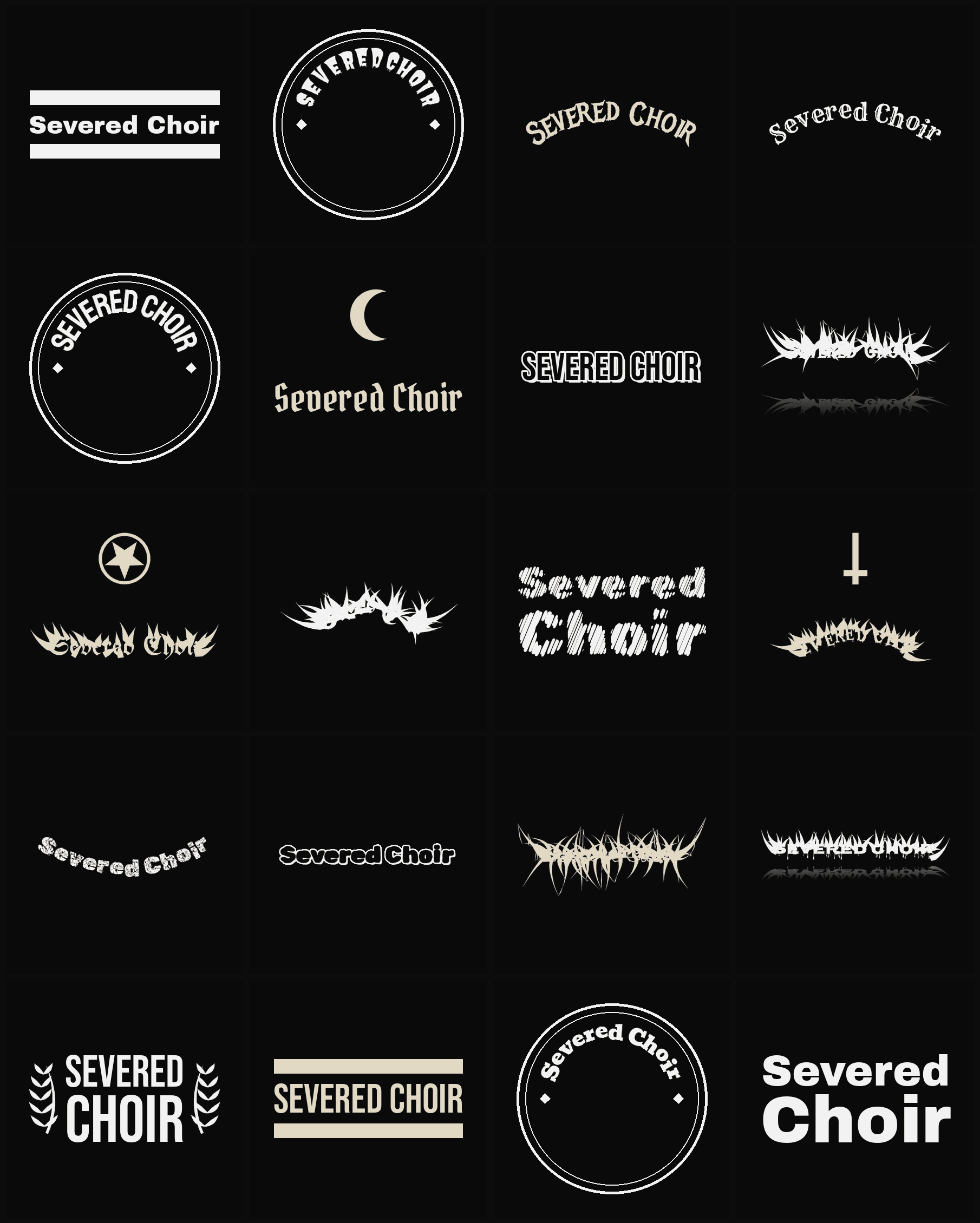 Twenty Severed Choir band logo ideas — different faces, treatments and spike settings