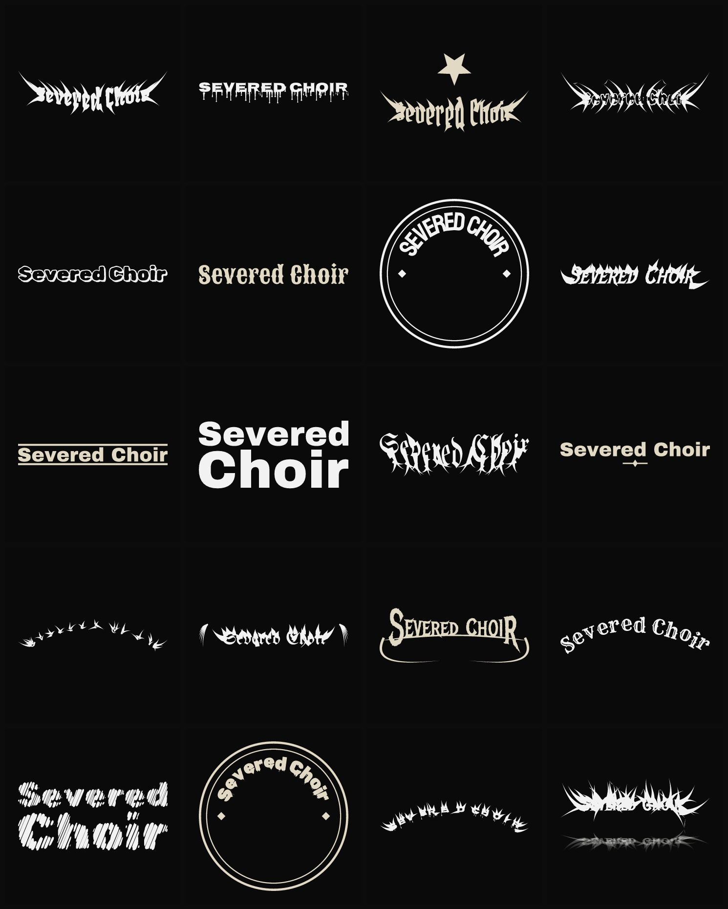 Twenty Severed Choir band logo ideas — different faces, treatments and spike settings