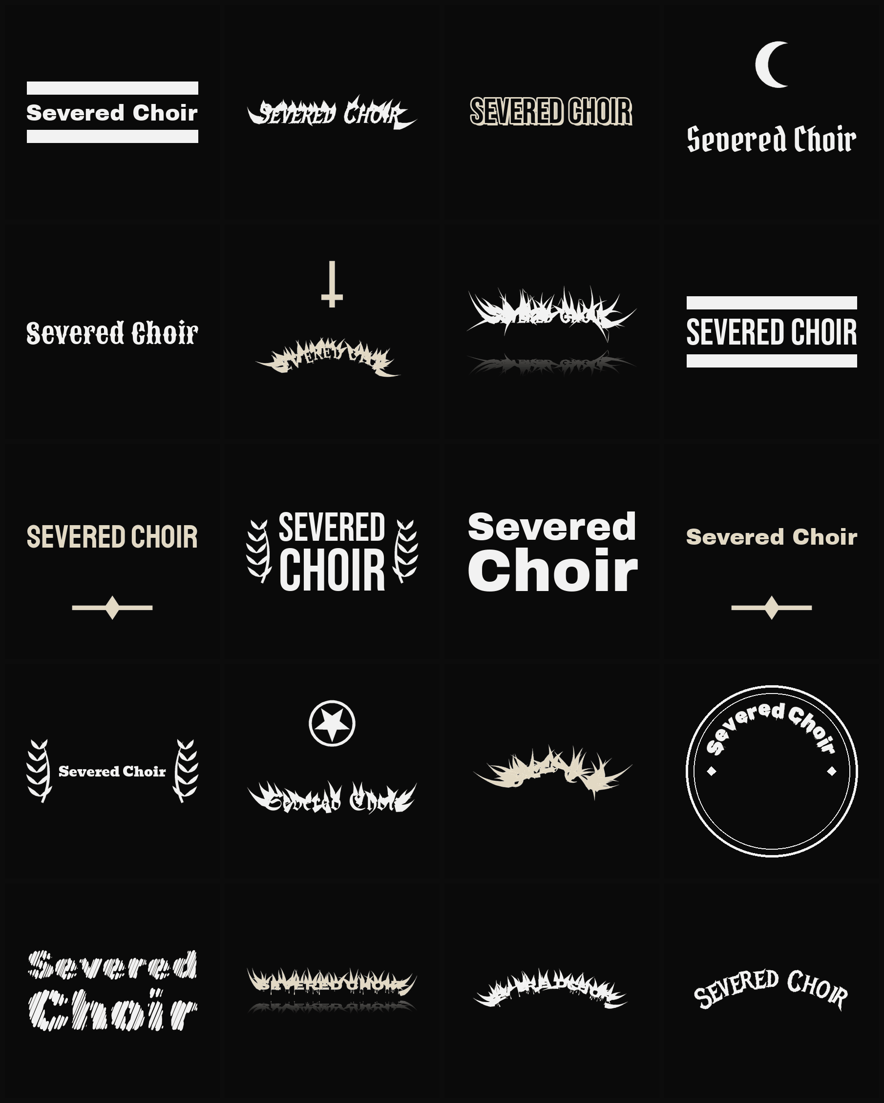 Twenty Severed Choir band logo ideas — different faces, treatments and spike settings