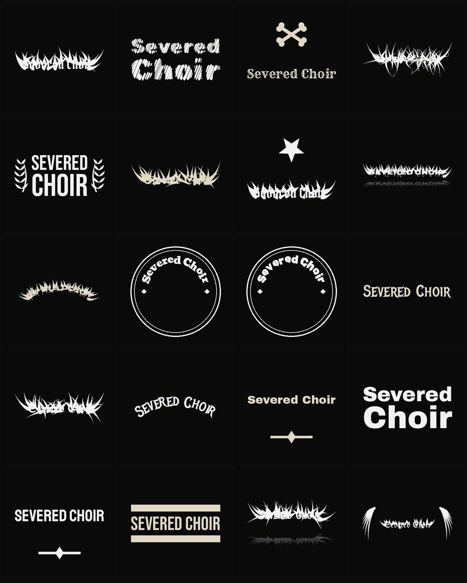 Twenty Severed Choir band logo ideas — different faces, treatments and spike settings