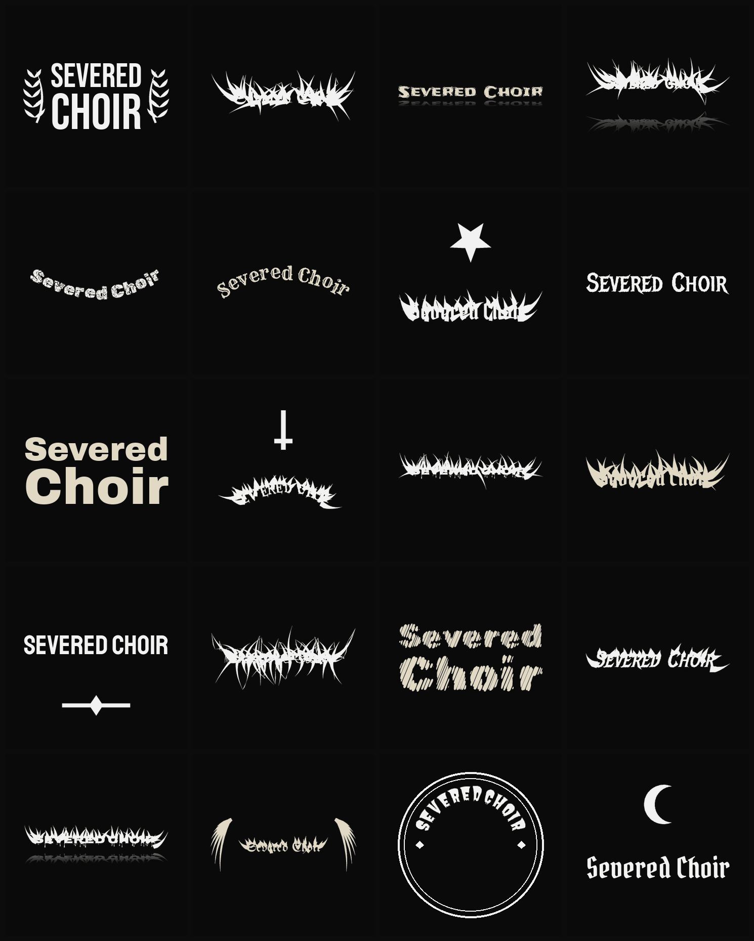 Twenty Severed Choir band logo ideas — different faces, treatments and spike settings