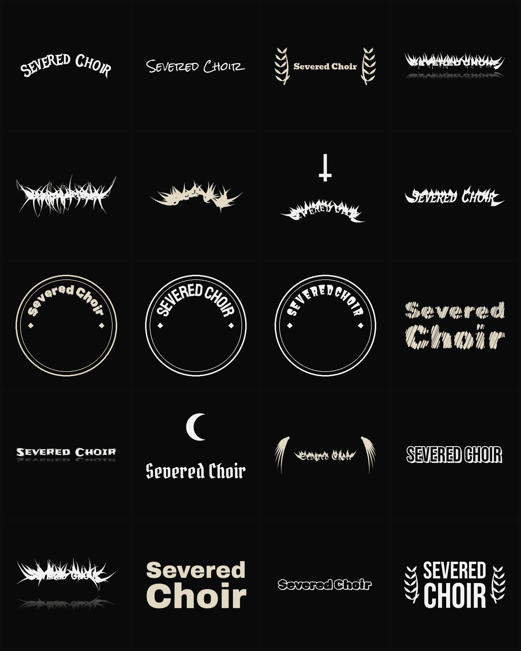 Twenty Severed Choir band logo ideas — different faces, treatments and spike settings