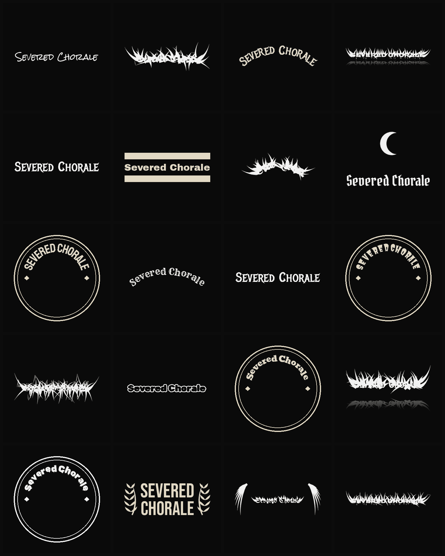 Twenty Severed Chorale band logo ideas — different faces, treatments and spike settings