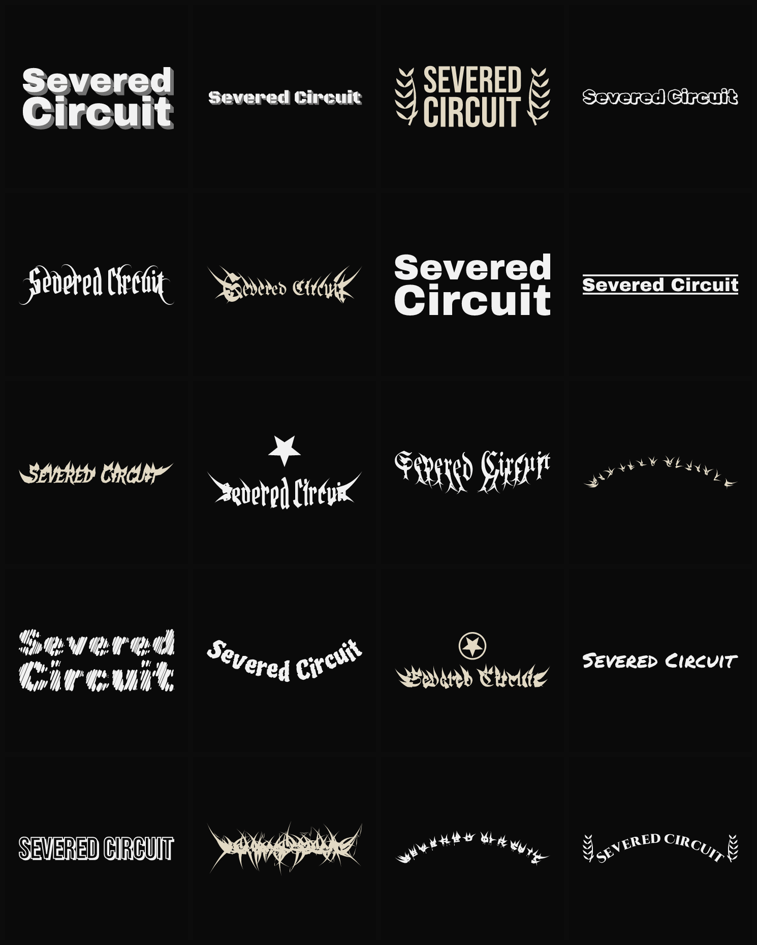 Twenty Severed Circuit band logo ideas — different faces, treatments and spike settings