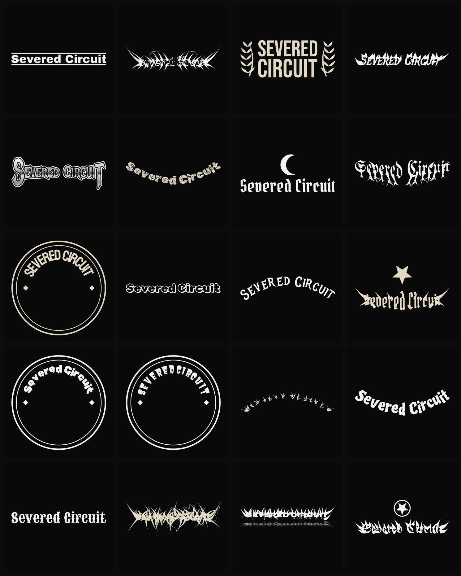 Twenty Severed Circuit band logo ideas — different faces, treatments and spike settings