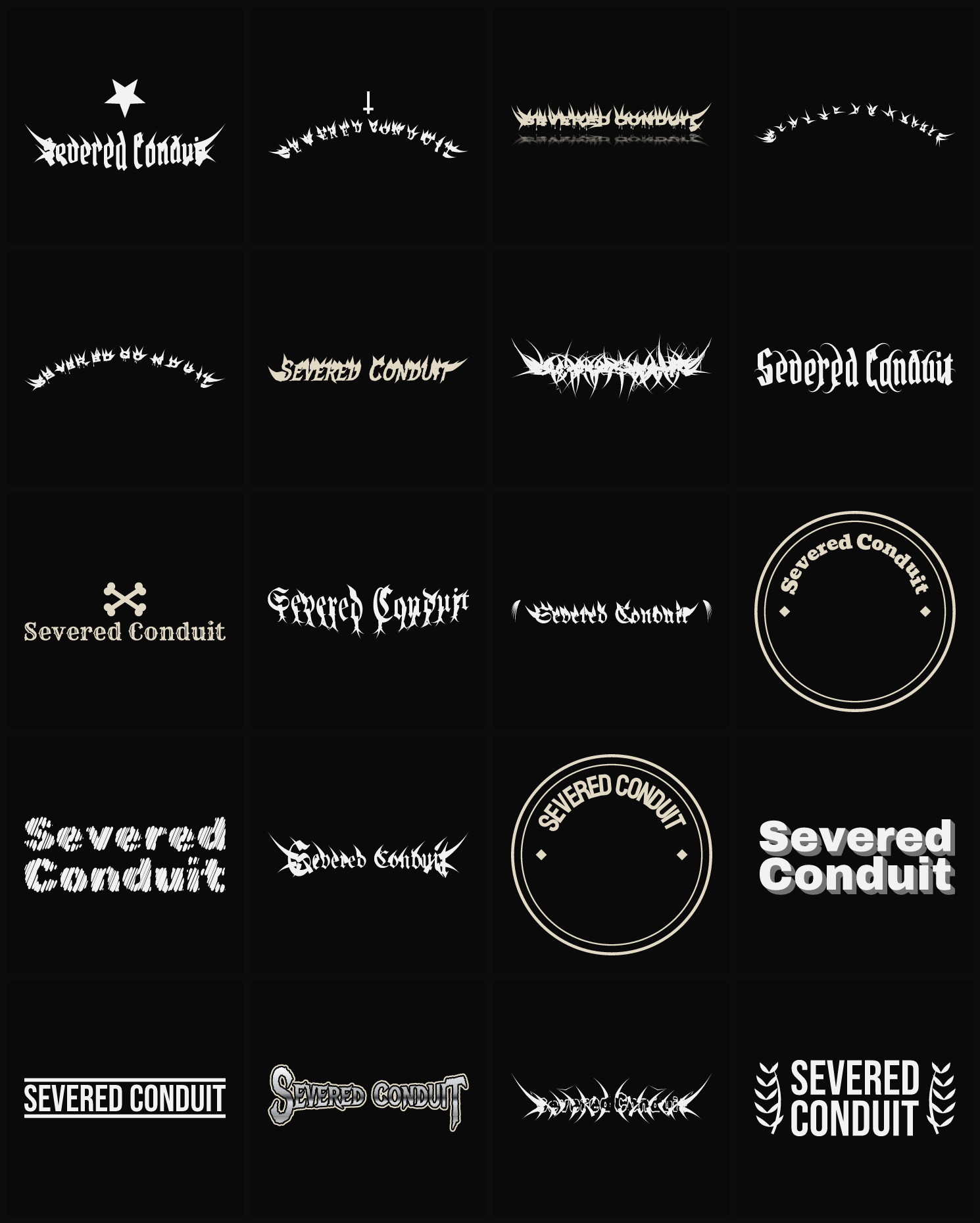 Twenty Severed Conduit band logo ideas — different faces, treatments and spike settings
