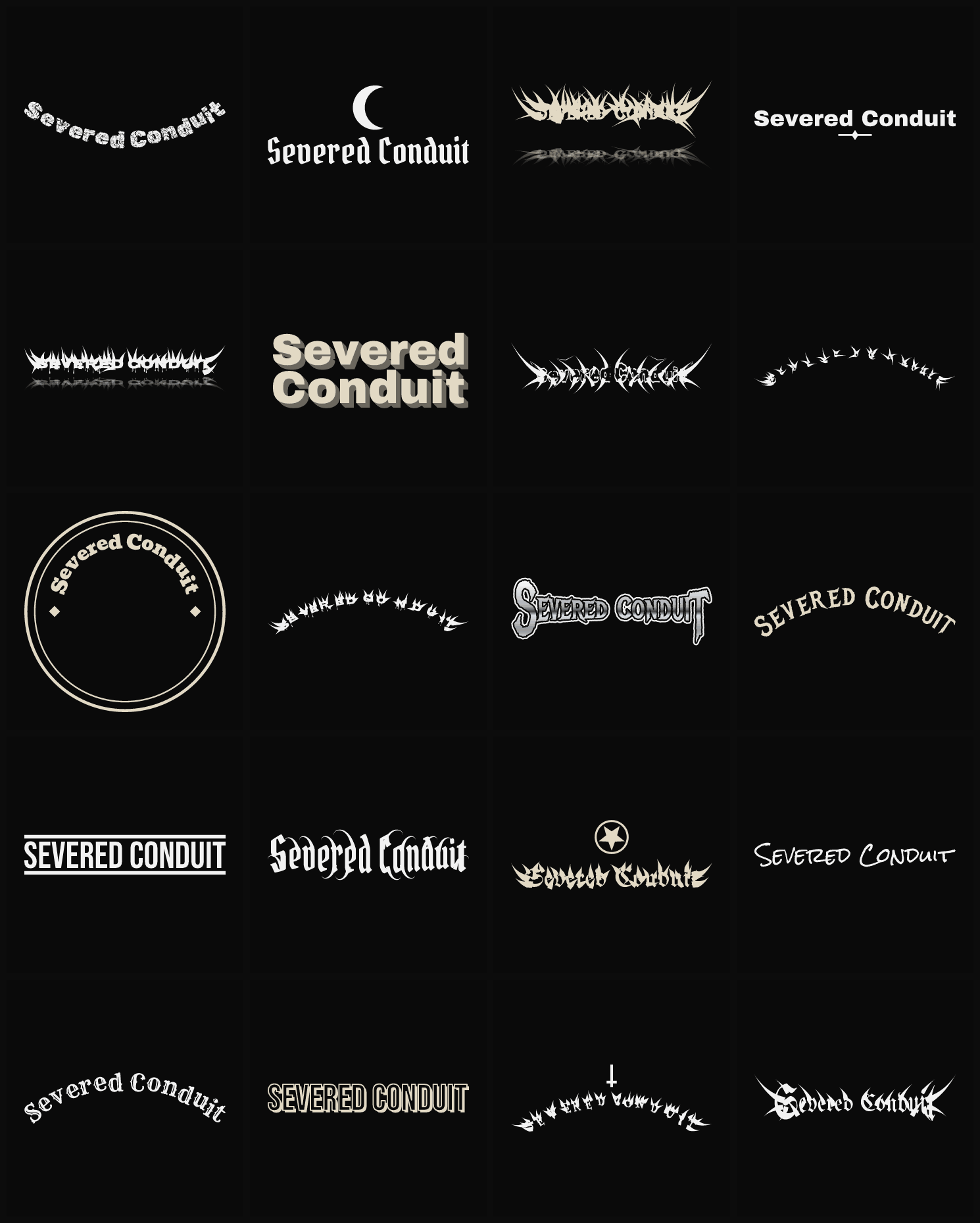 Twenty Severed Conduit band logo ideas — different faces, treatments and spike settings