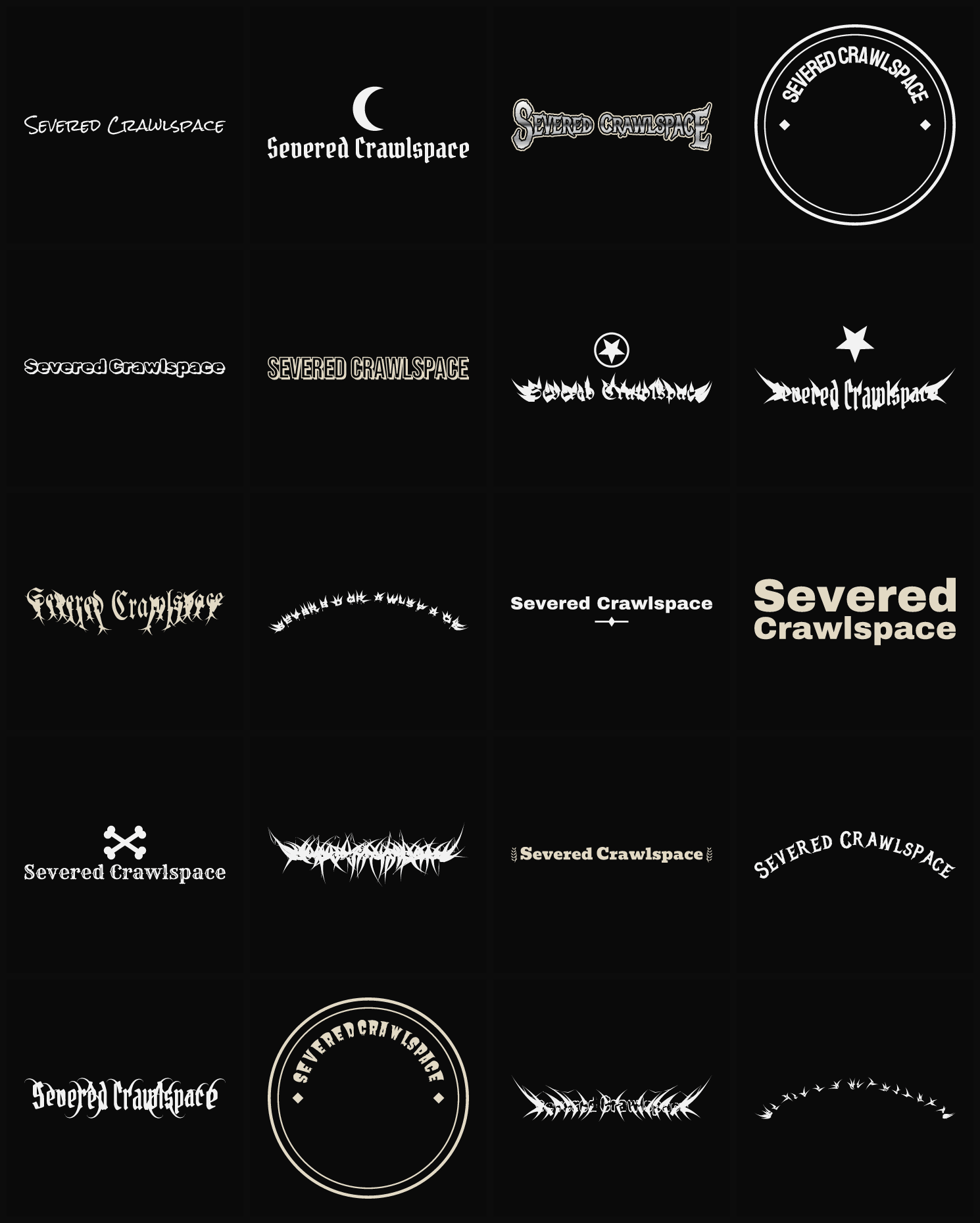 Twenty Severed Crawlspace band logo ideas — different faces, treatments and spike settings