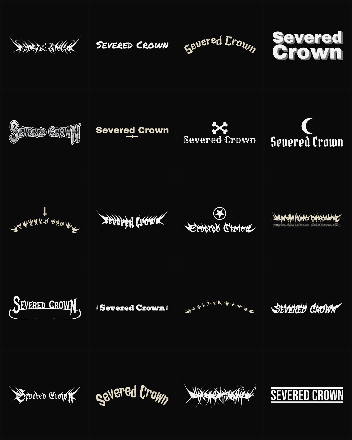 Twenty Severed Crown band logo ideas — different faces, treatments and spike settings