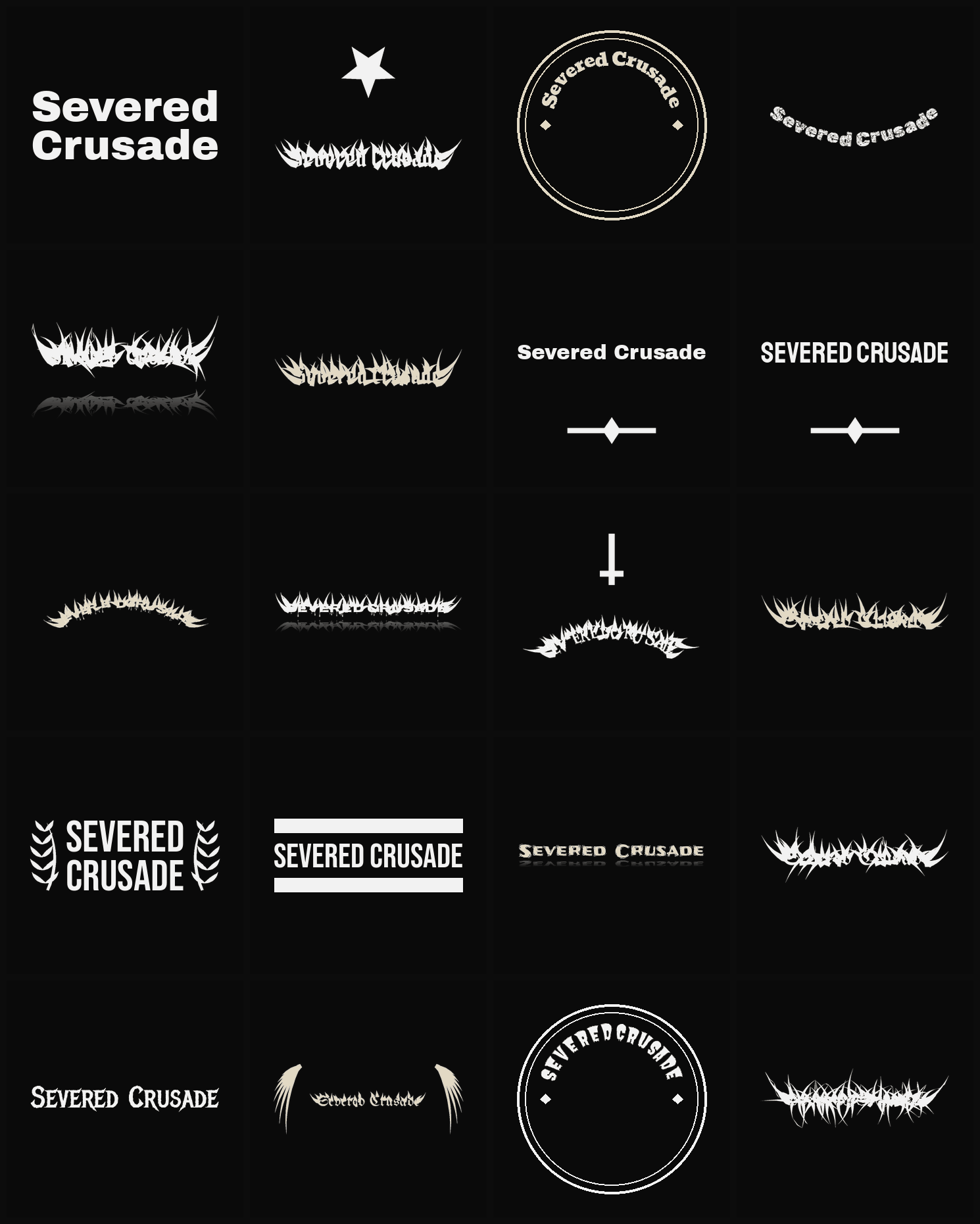 Twenty Severed Crusade band logo ideas — different faces, treatments and spike settings