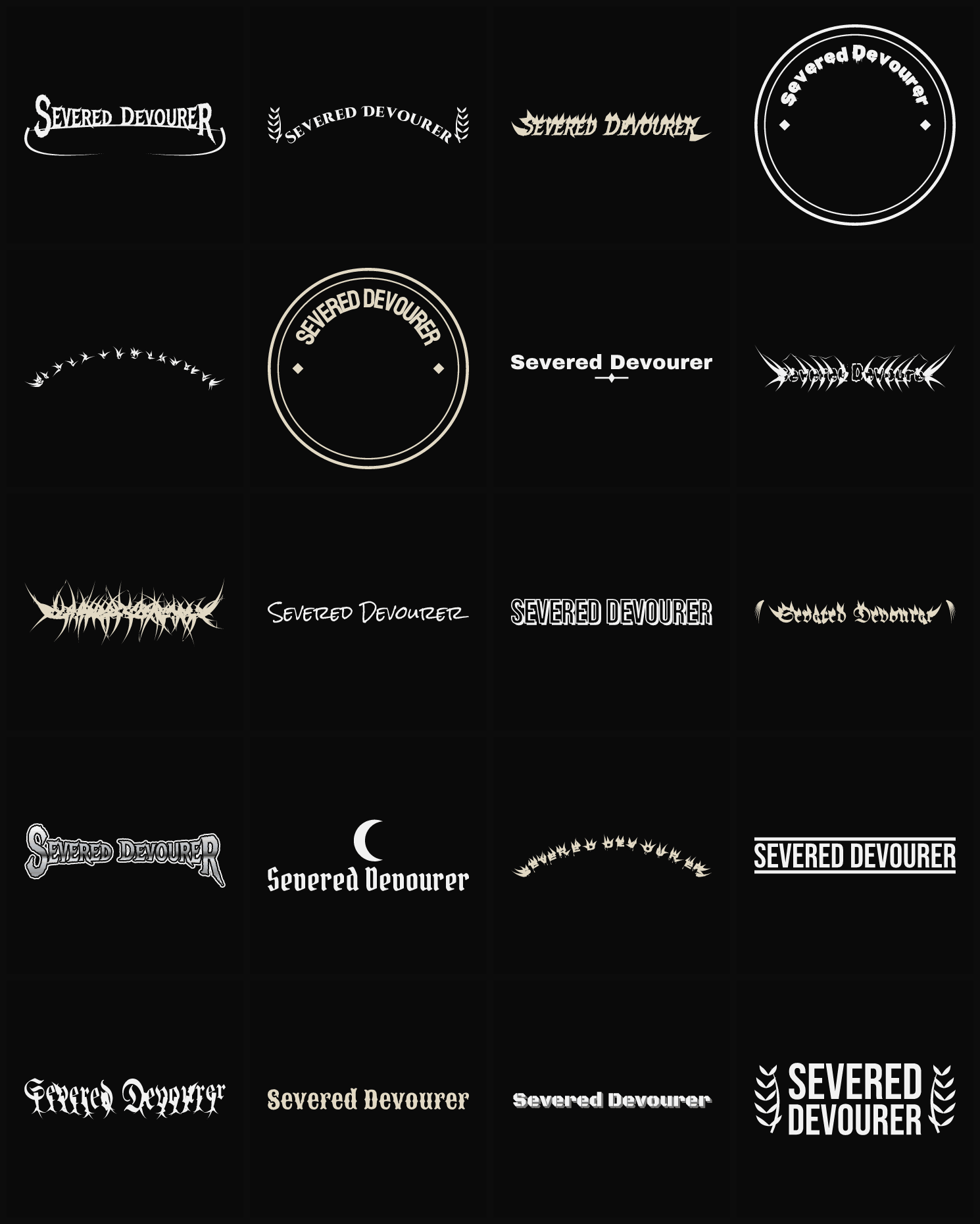 Twenty Severed Devourer band logo ideas — different faces, treatments and spike settings