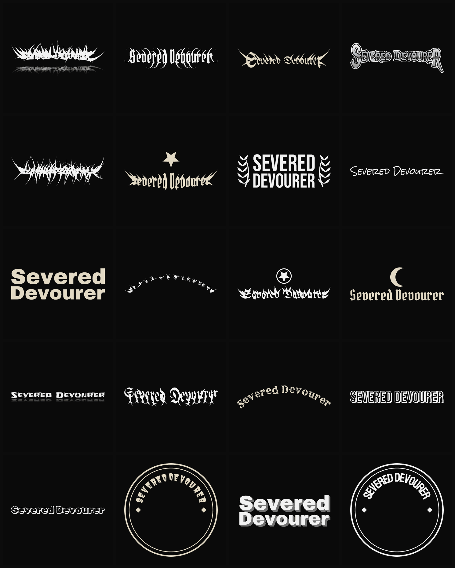 Twenty Severed Devourer band logo ideas — different faces, treatments and spike settings