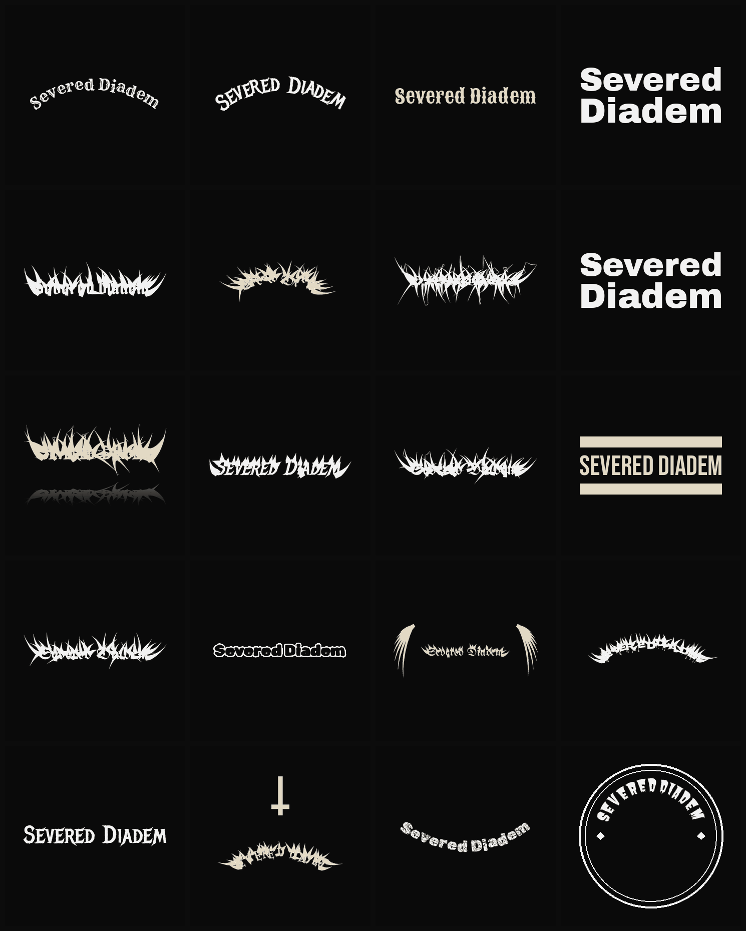 Twenty Severed Diadem band logo ideas — different faces, treatments and spike settings