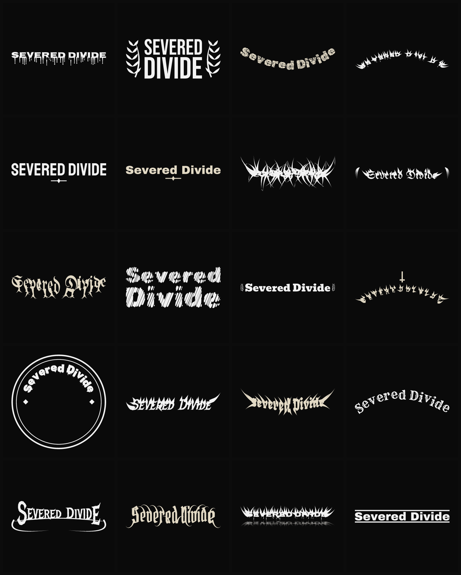 Twenty Severed Divide band logo ideas — different faces, treatments and spike settings