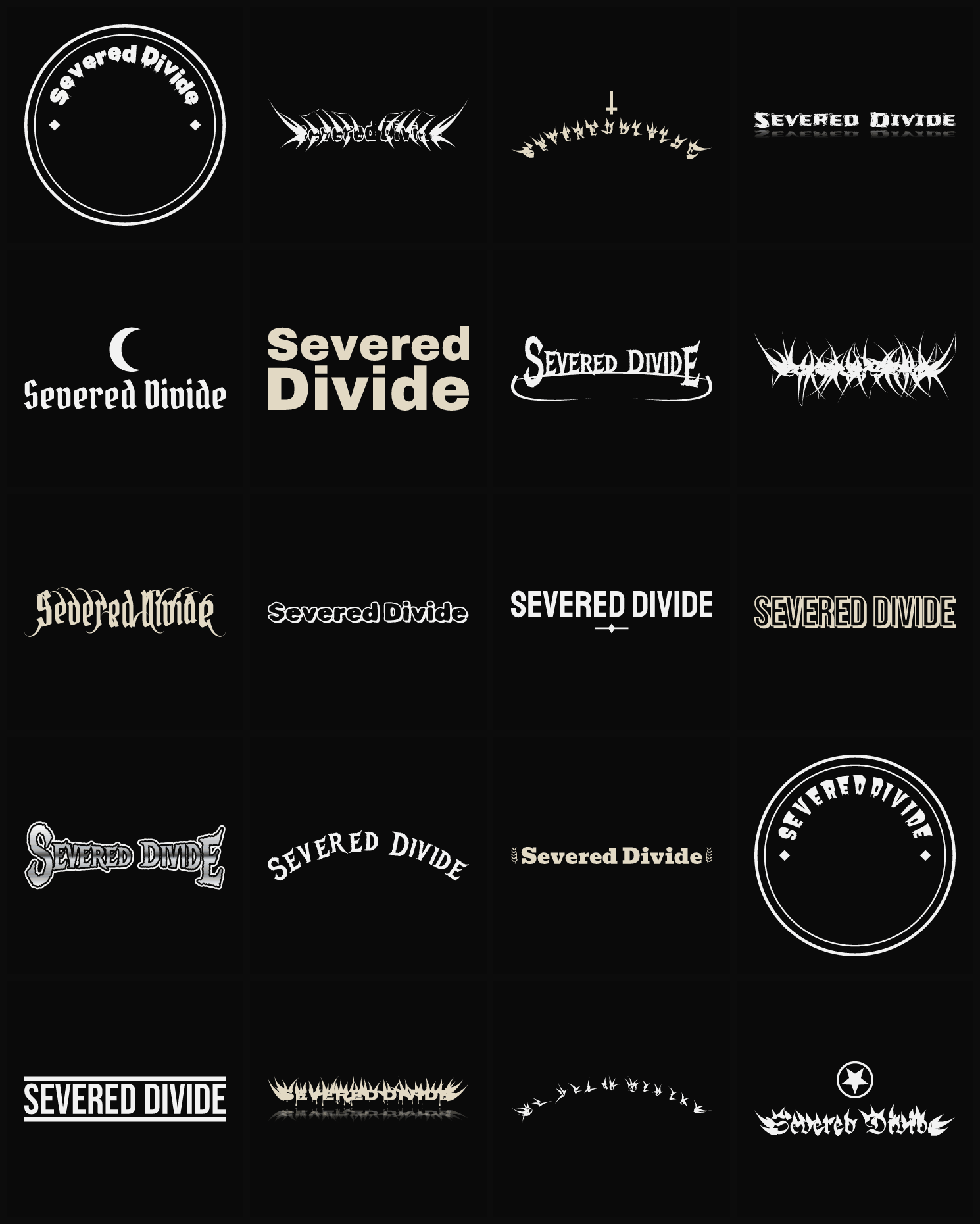 Twenty Severed Divide band logo ideas — different faces, treatments and spike settings