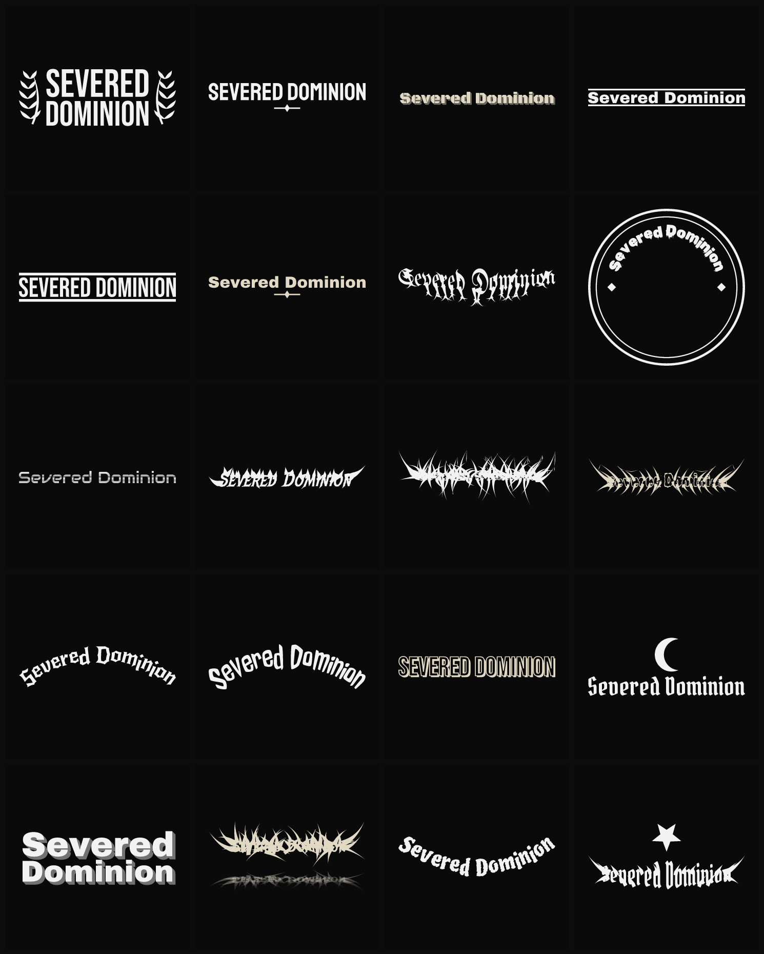 Twenty Severed Dominion band logo ideas — different faces, treatments and spike settings